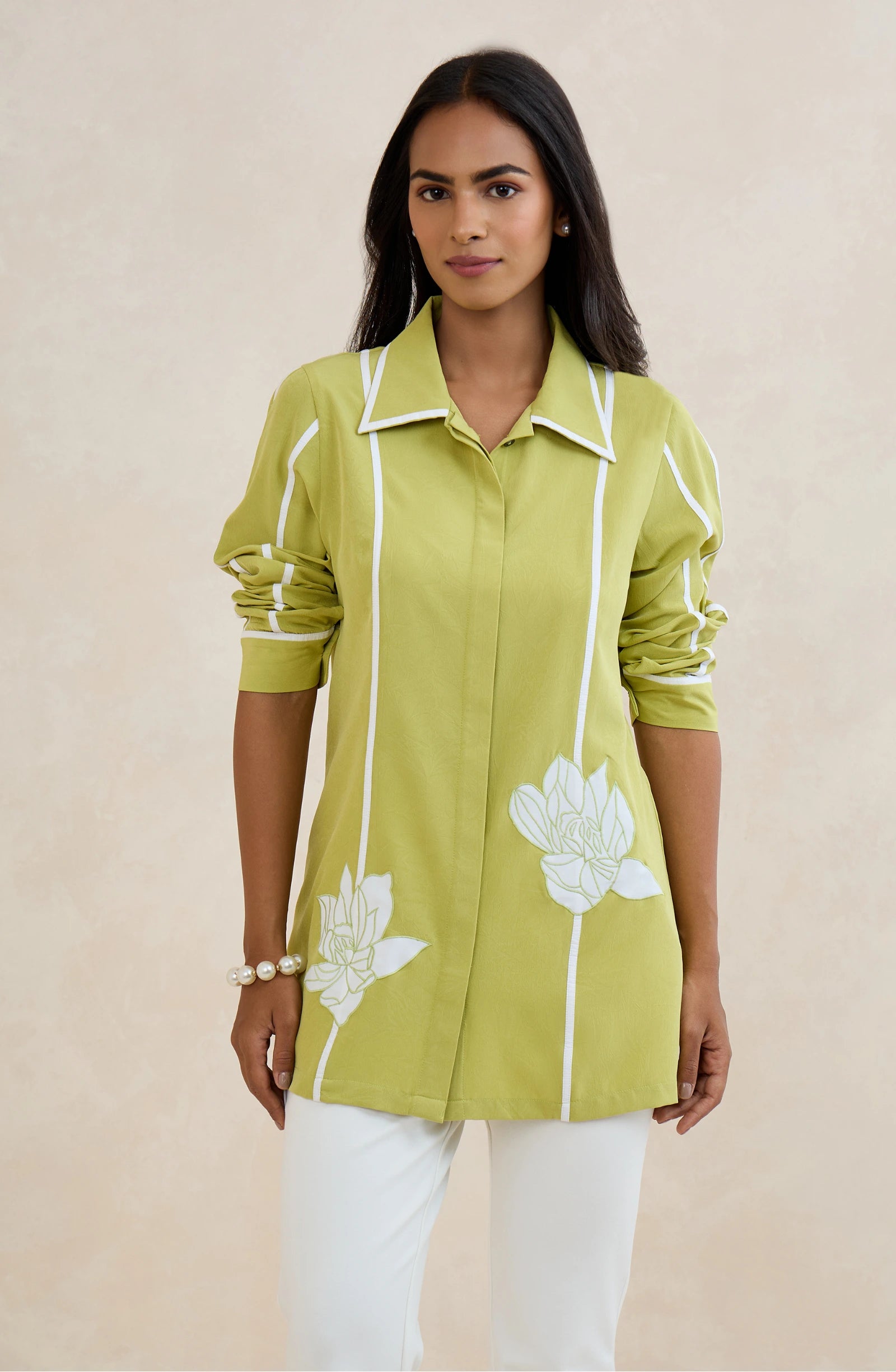 Lime Bloom Embroidered Shirt