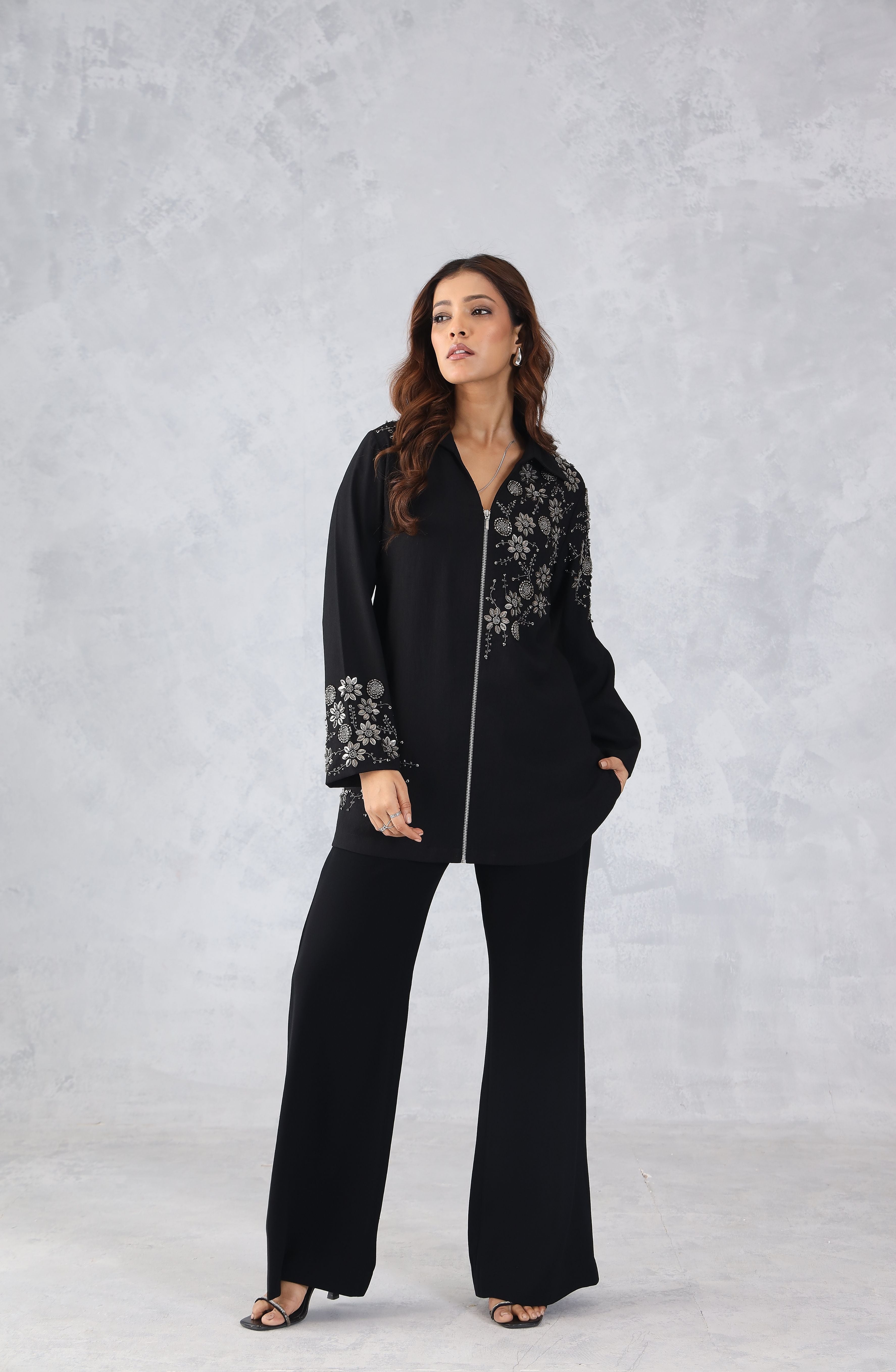 Black Floral Embellished Zip Style Shirt
