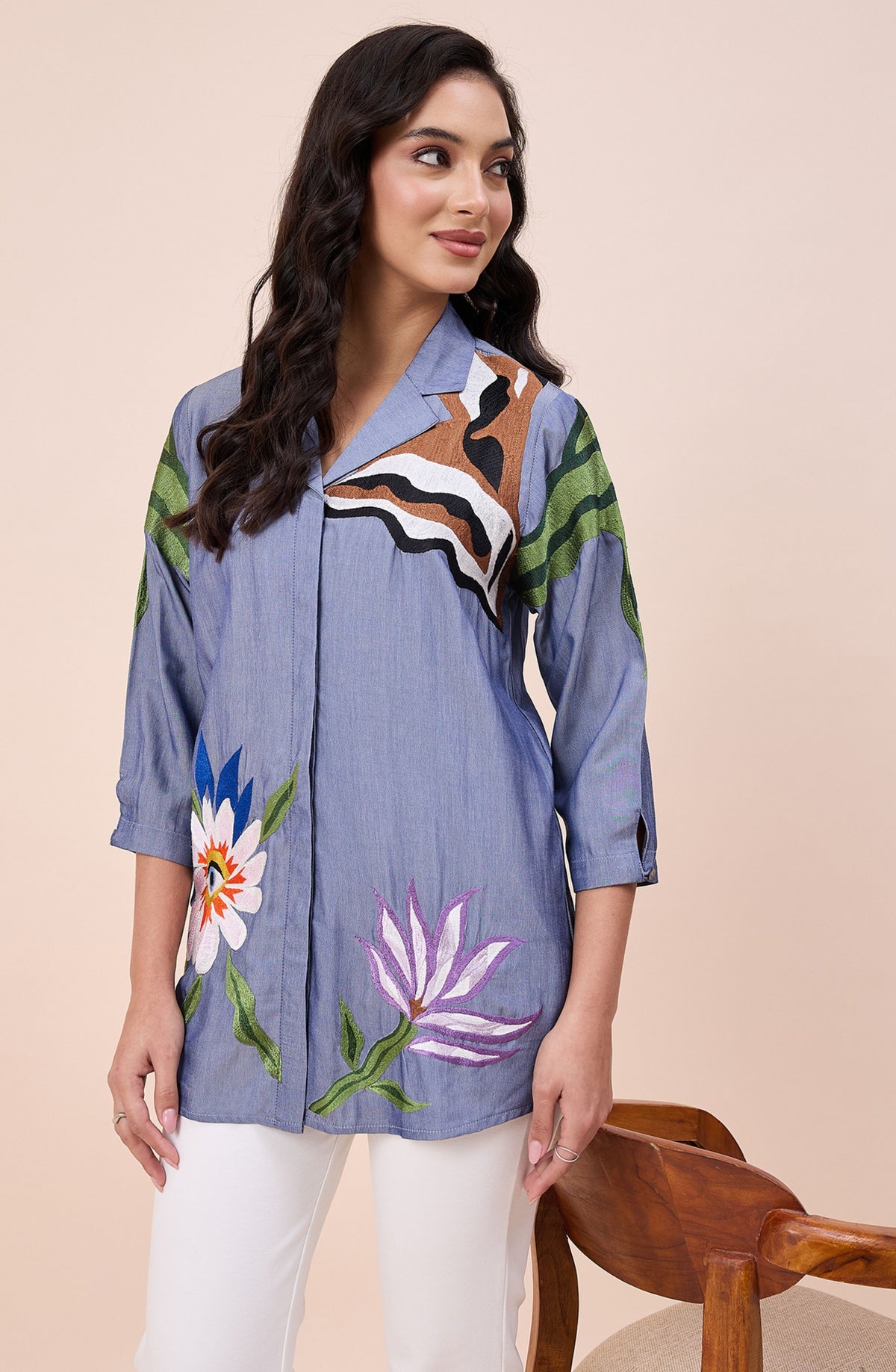 Cotton Denim Colourful Embroidered Shirt