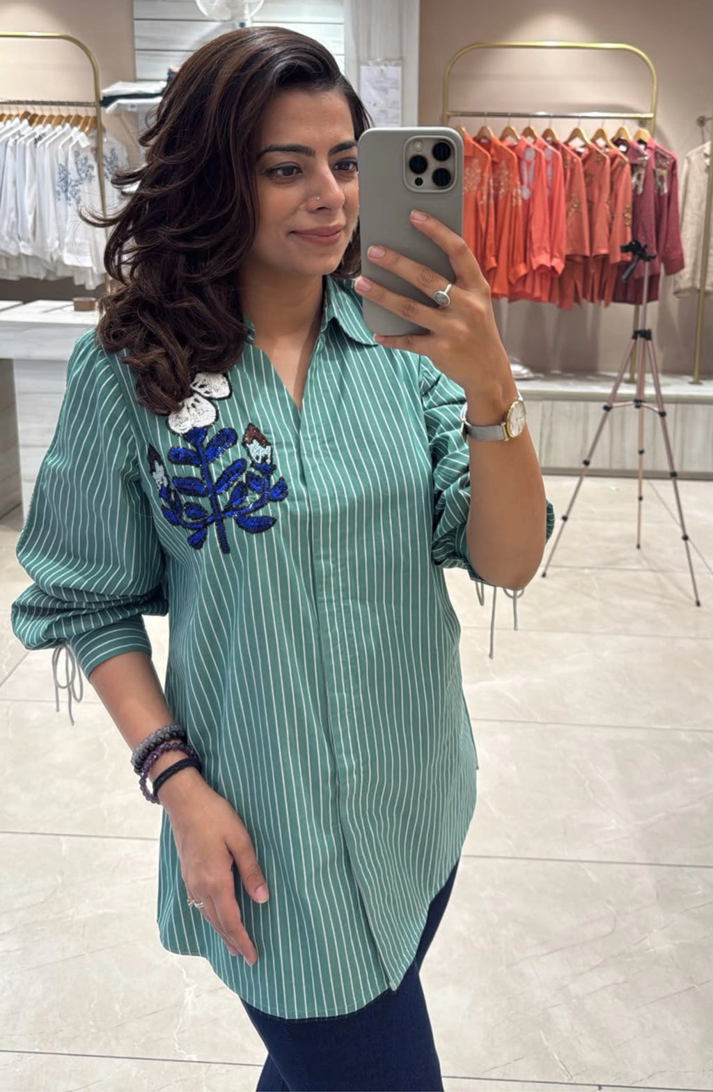 Green Striped Embellished Shirt