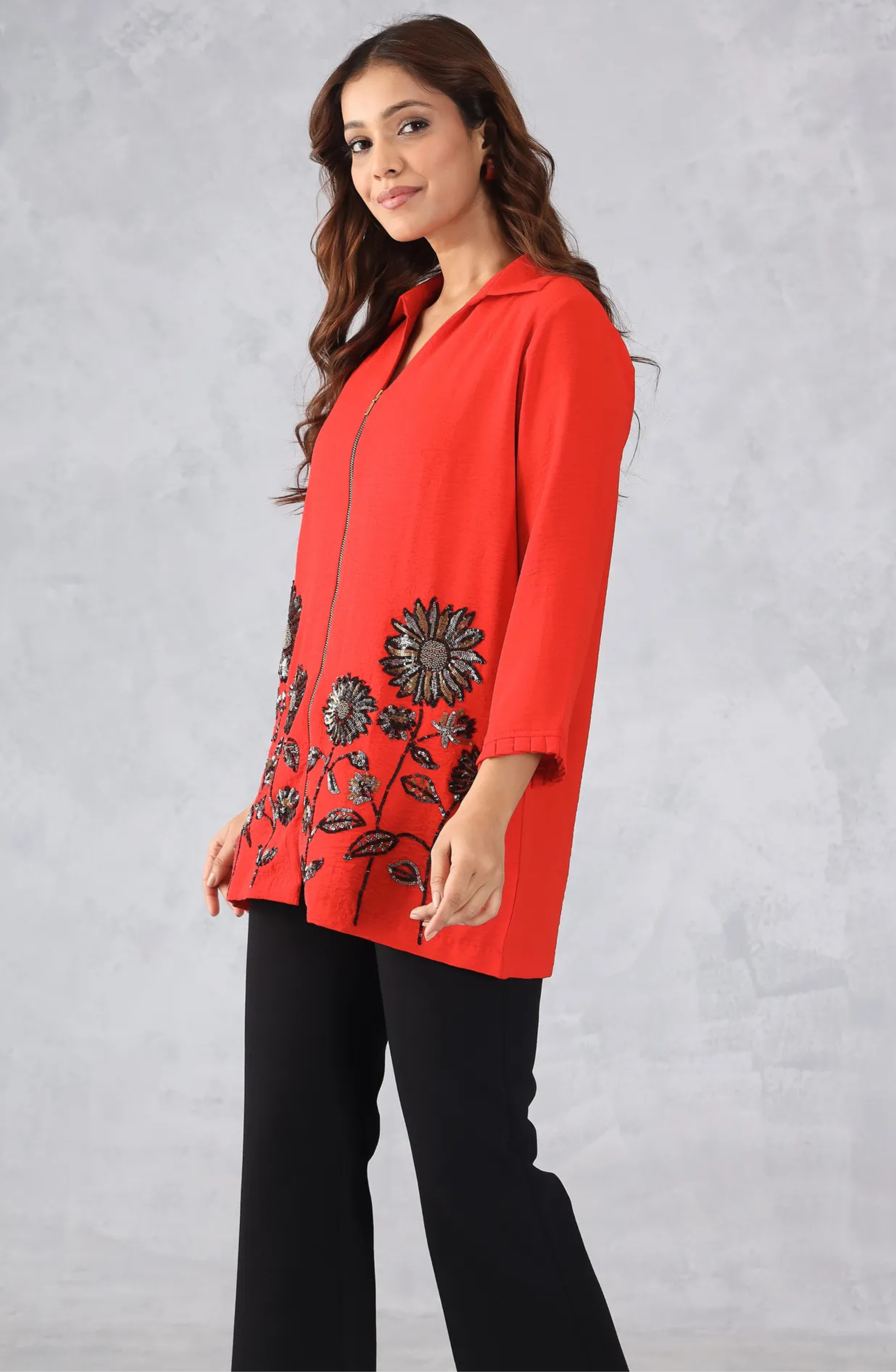 Red Embellished Zipper Top