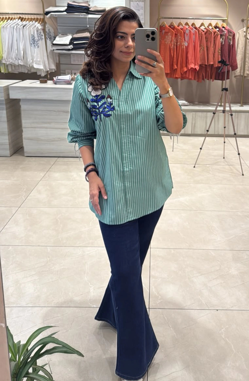 Green Striped Embellished Shirt