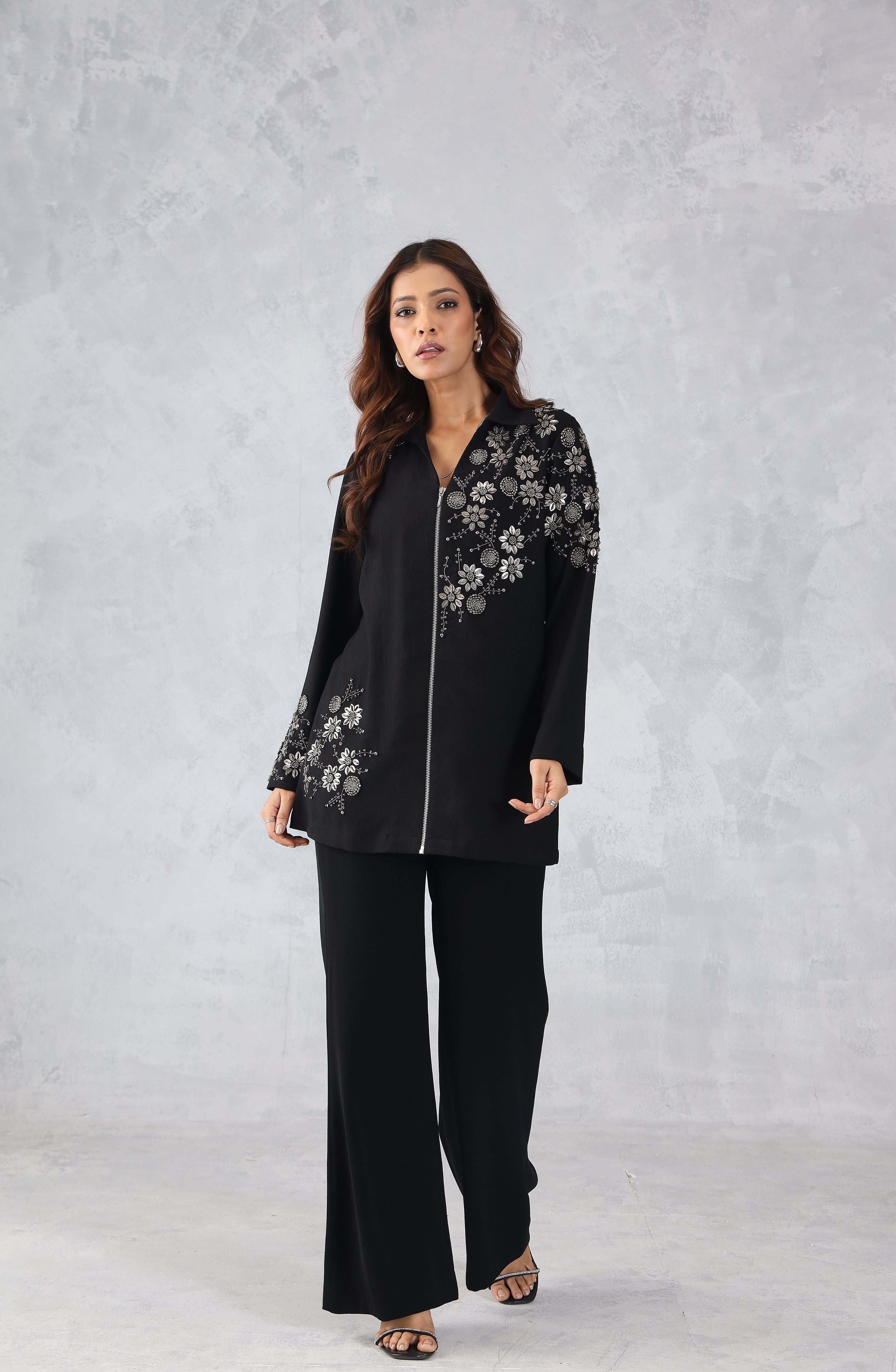 Black Floral Embellished Zip Style Shirt