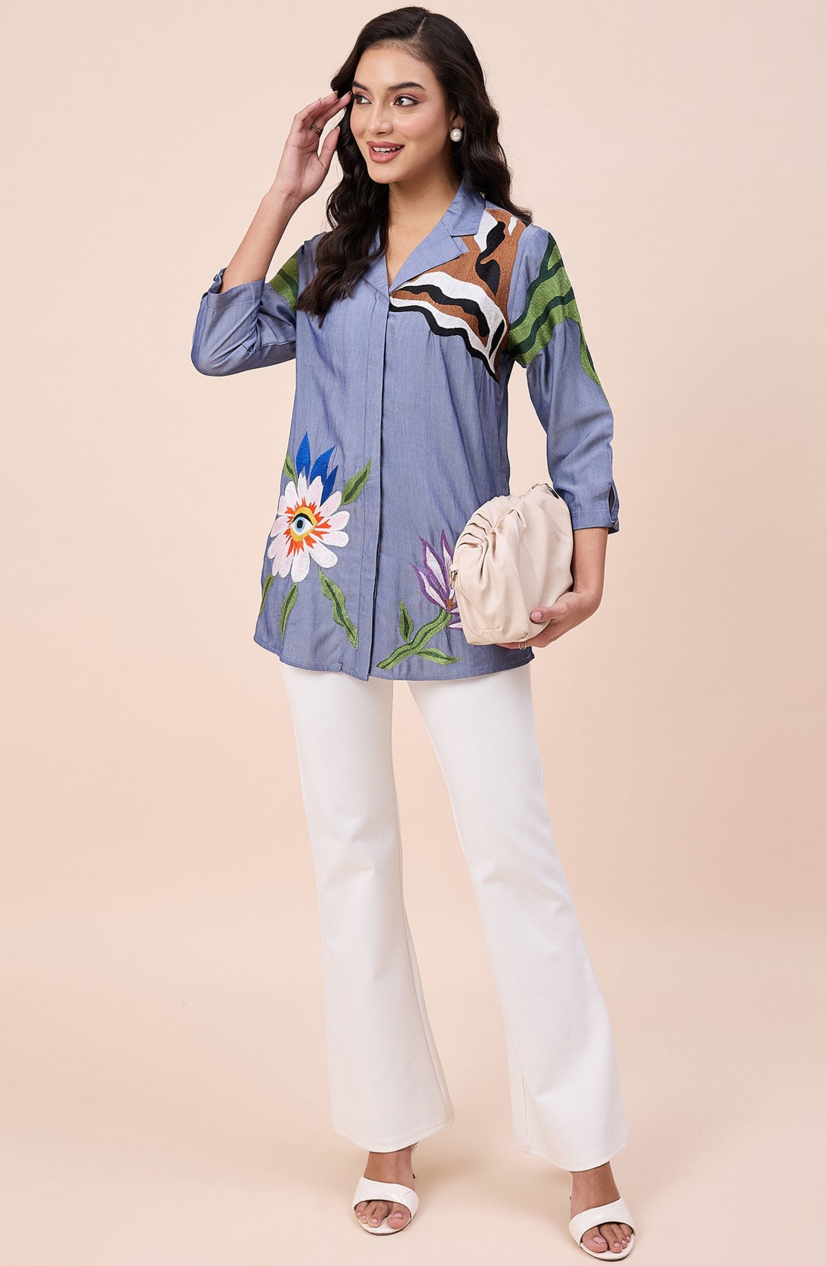 Cotton Denim Colourful Embroidered Shirt