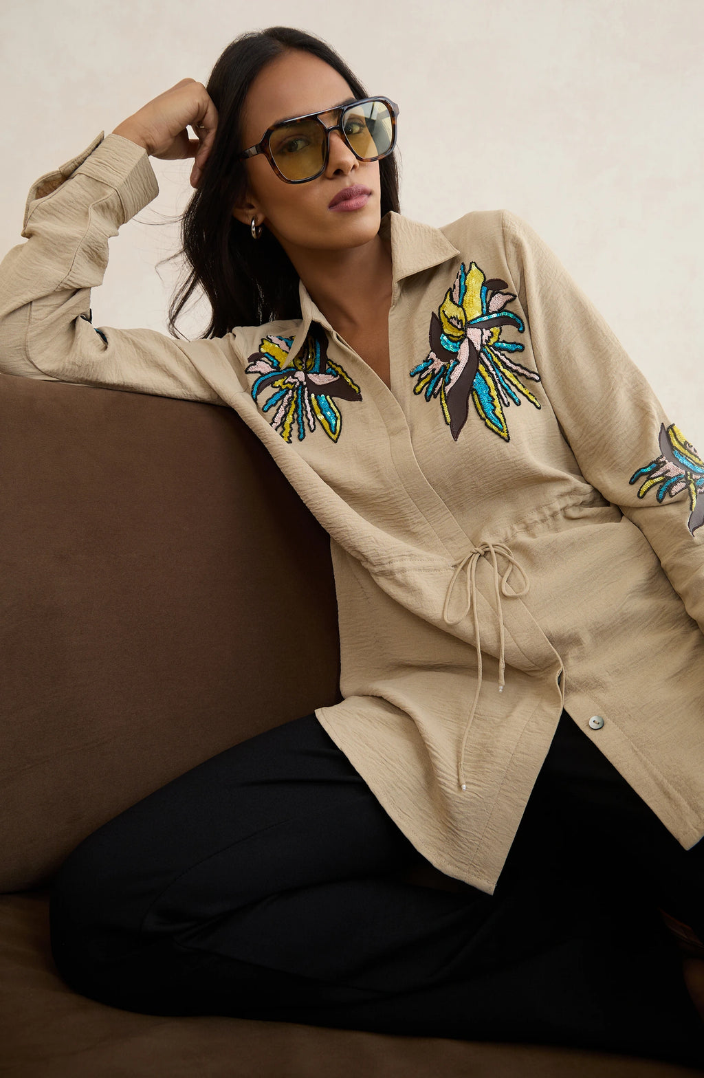 Beige Waist Tie Embellished Shirt