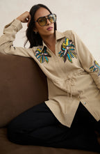 Beige Waist Tie Embellished Shirt