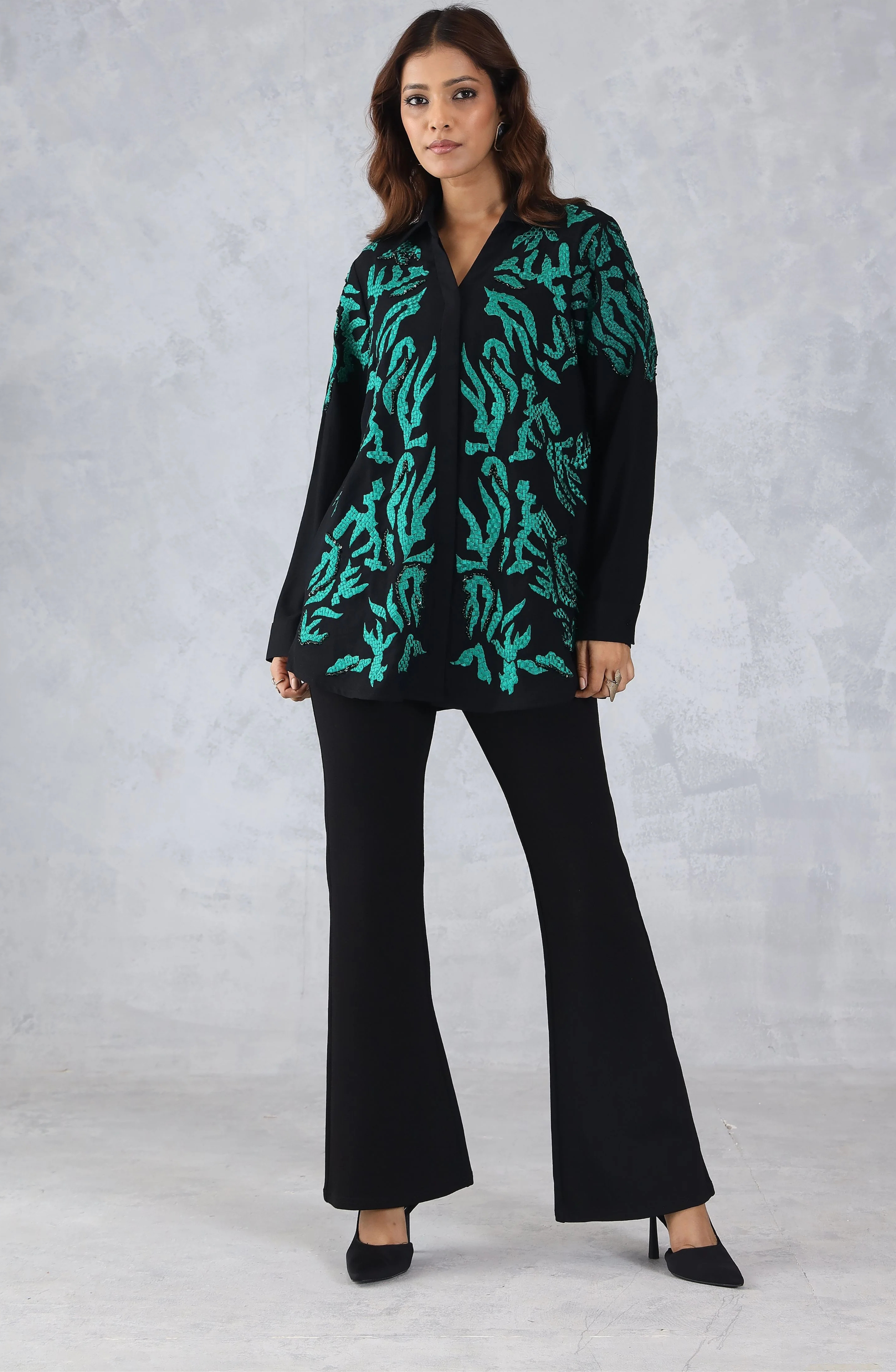 Black & Green Abstract Embroidered Shirt