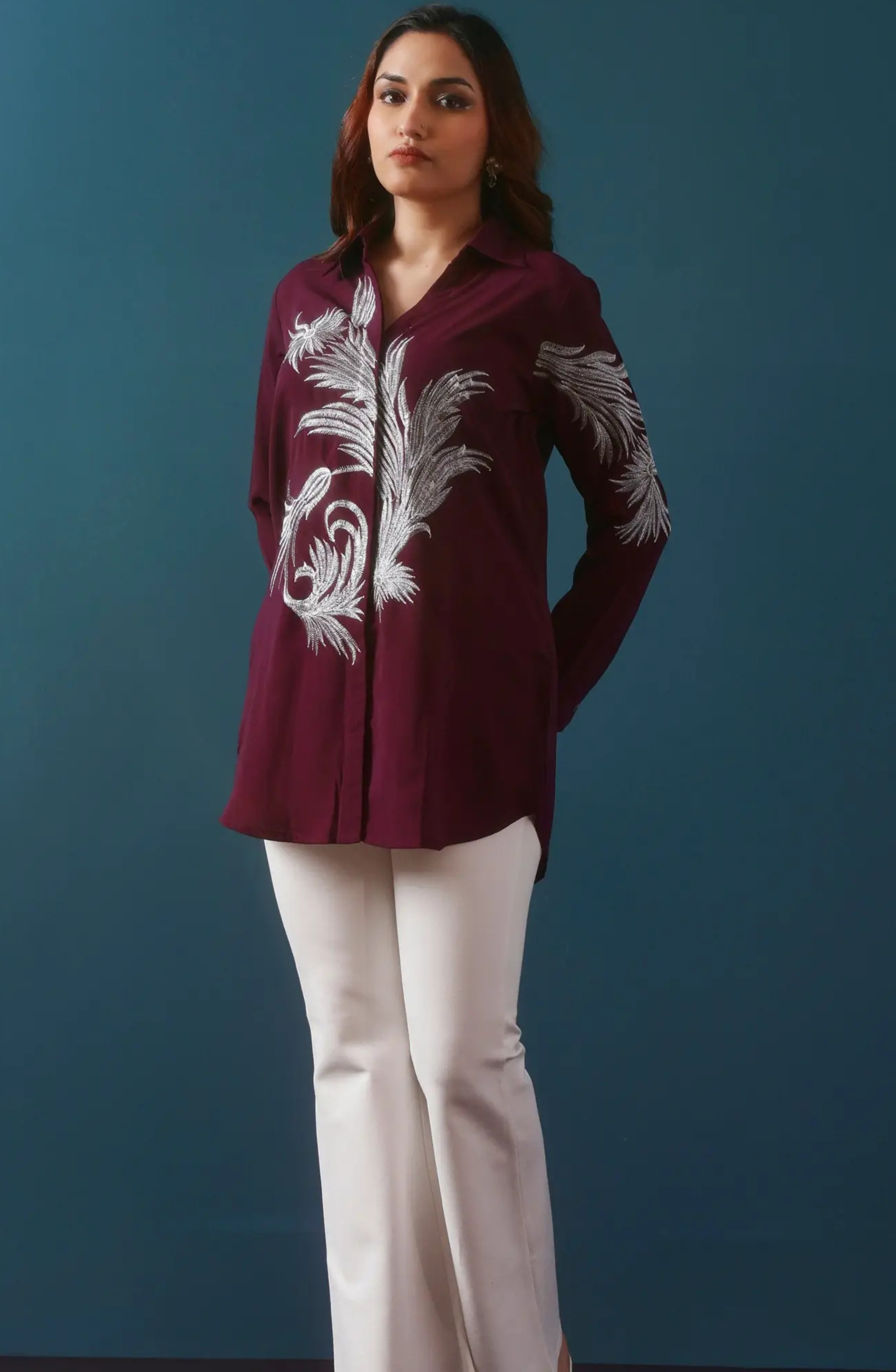 Wine Zari Embroidered Shirt