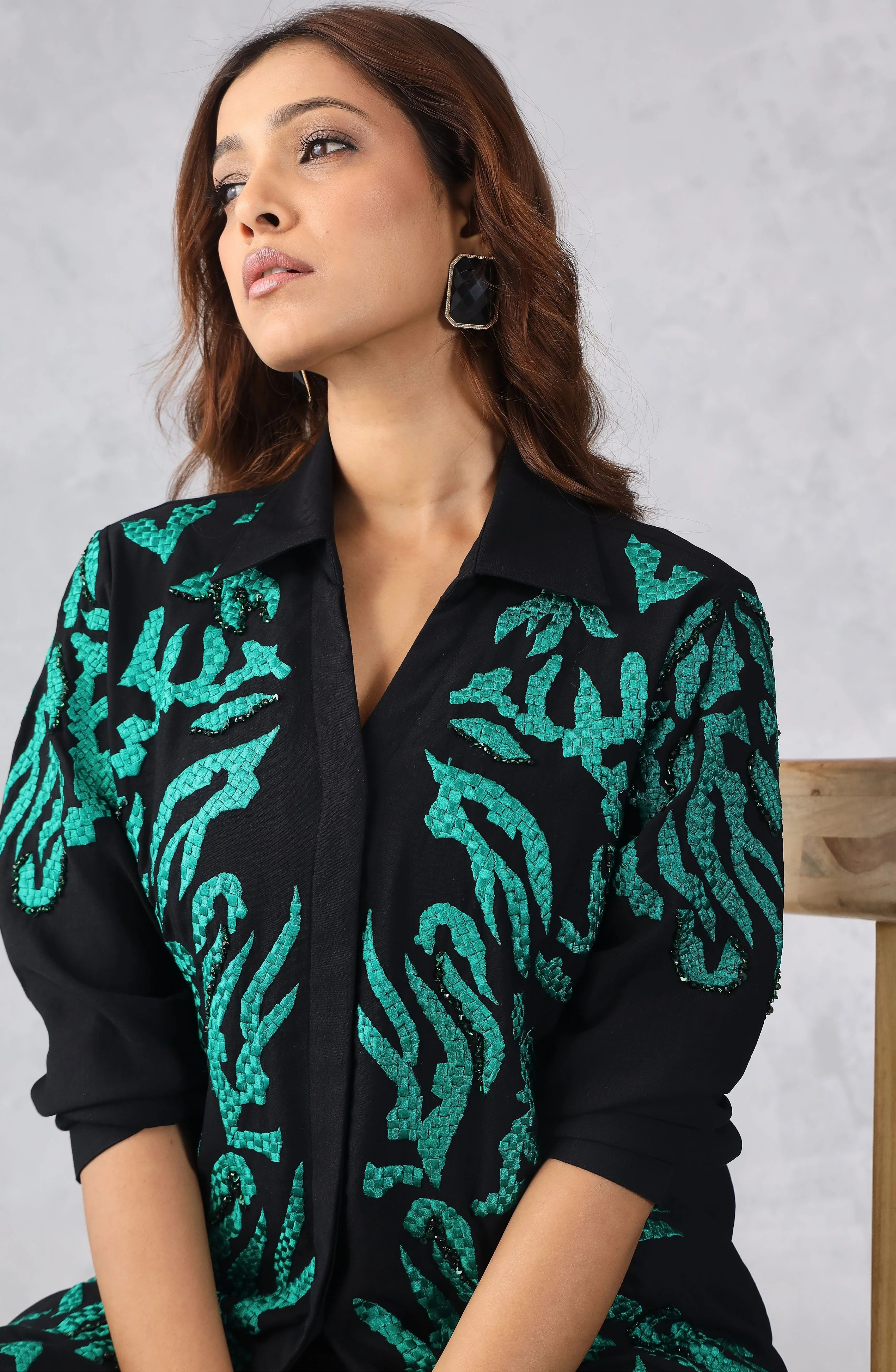 Black & Green Abstract Embroidered Shirt