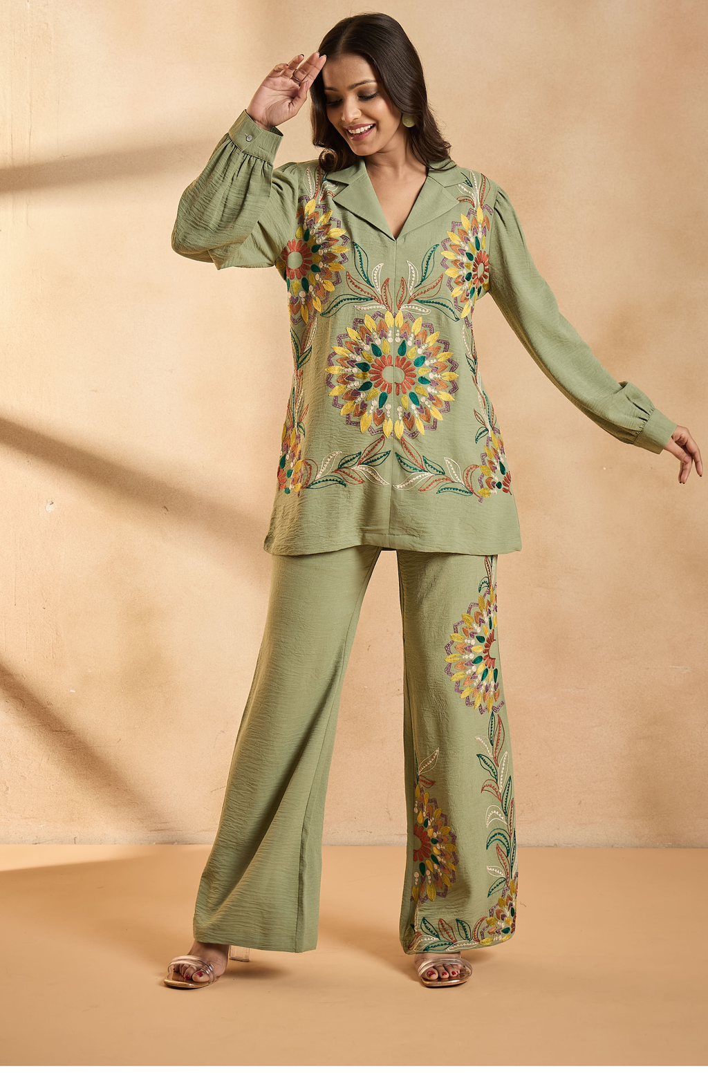 Moss Green Floral Embroidered Co-Ord Set