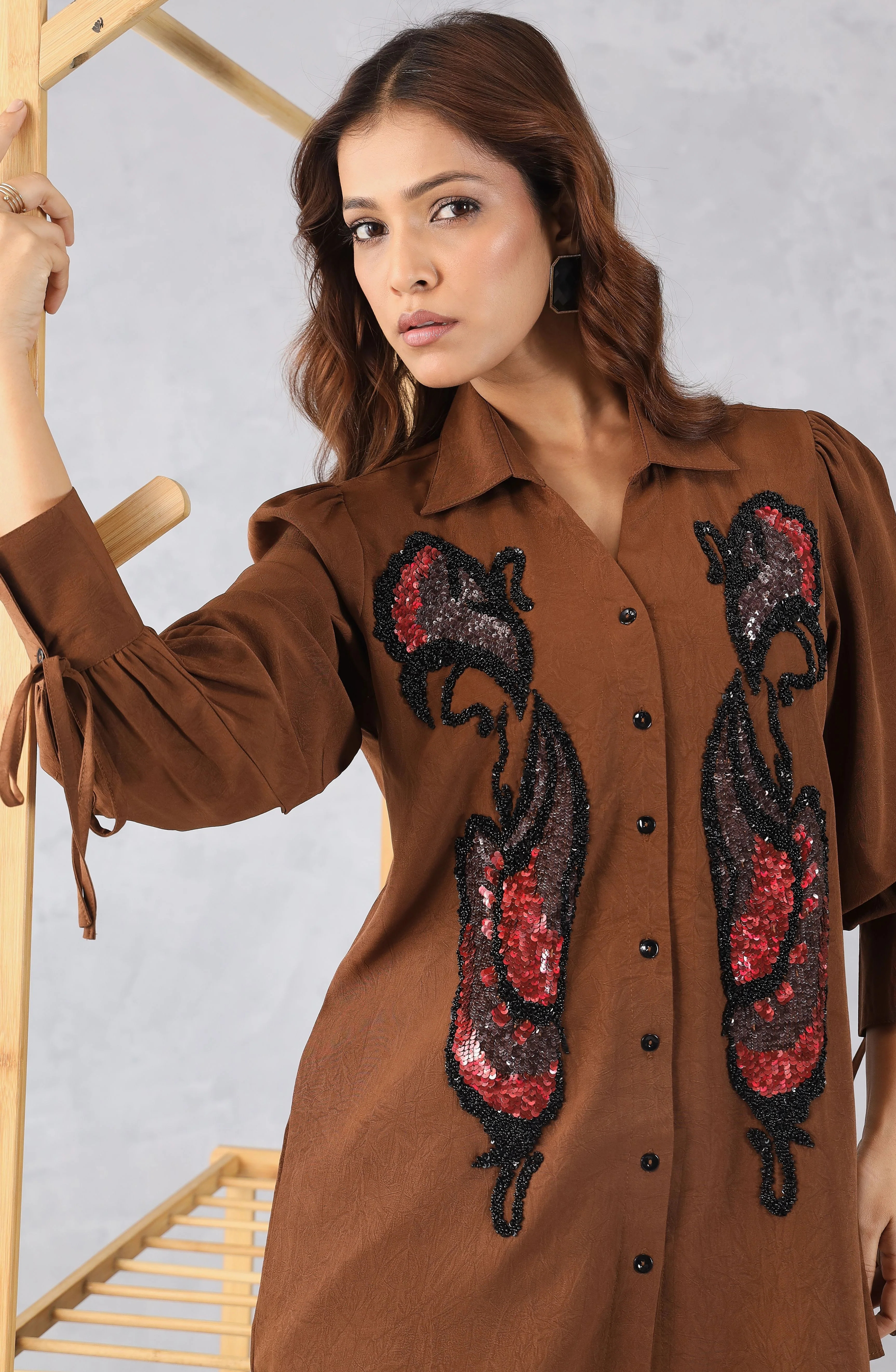 Elegant Brown Sequin Shirt