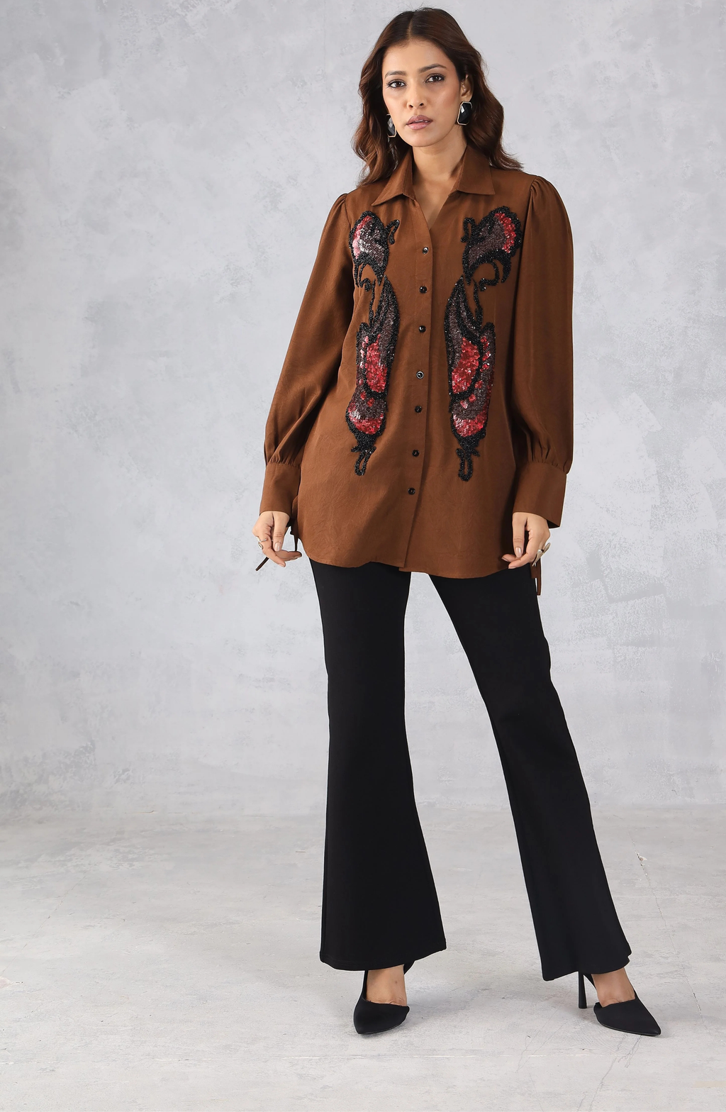 Elegant Brown Sequin Shirt