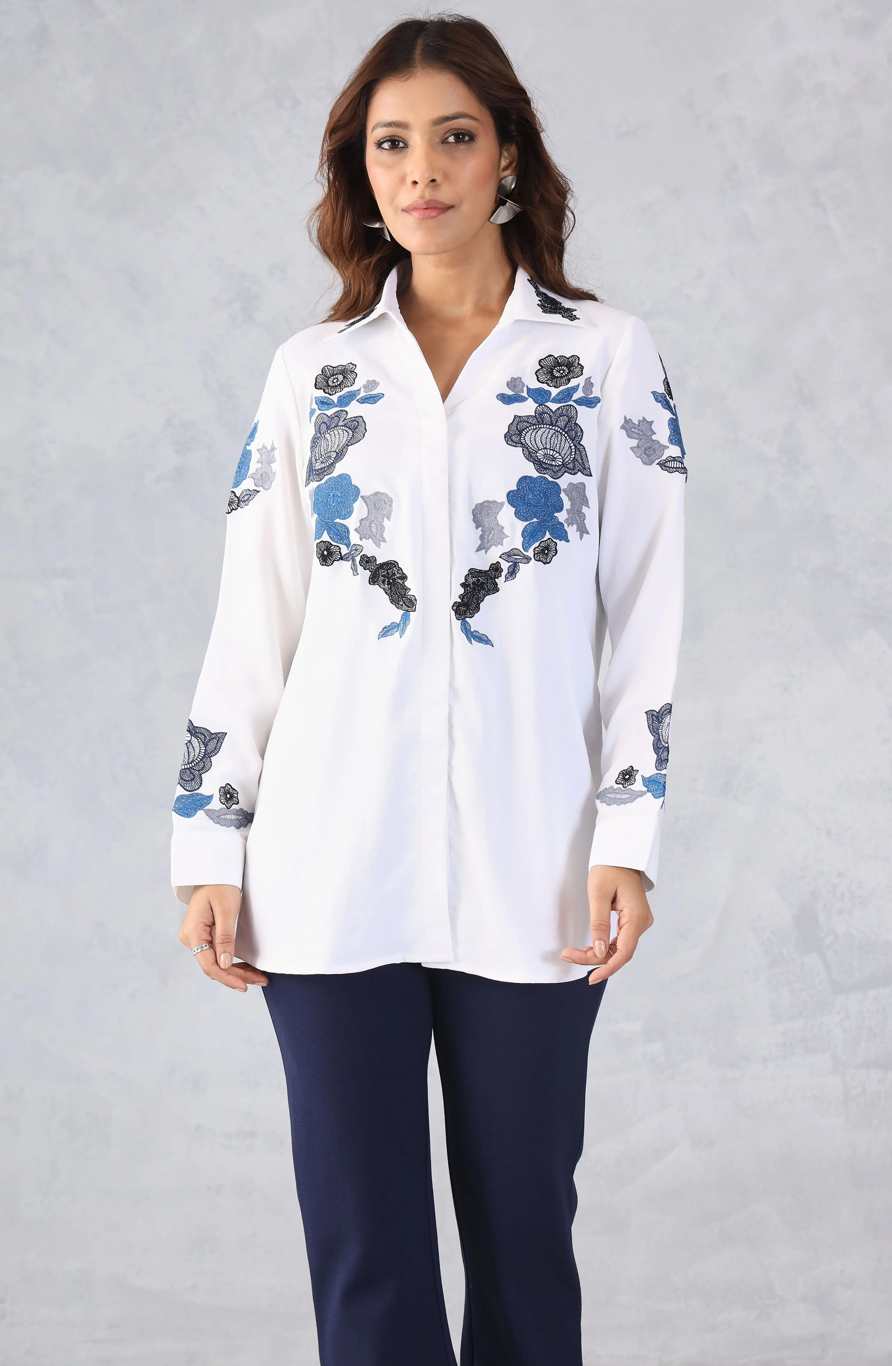 Contrast White & Blue Embroidered Shirt