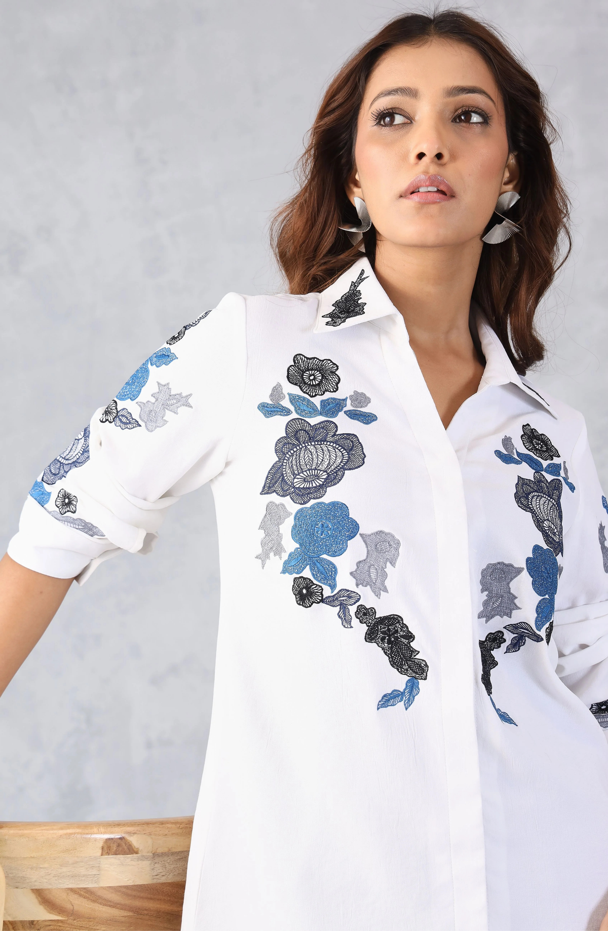 Contrast White & Blue Embroidered Shirt