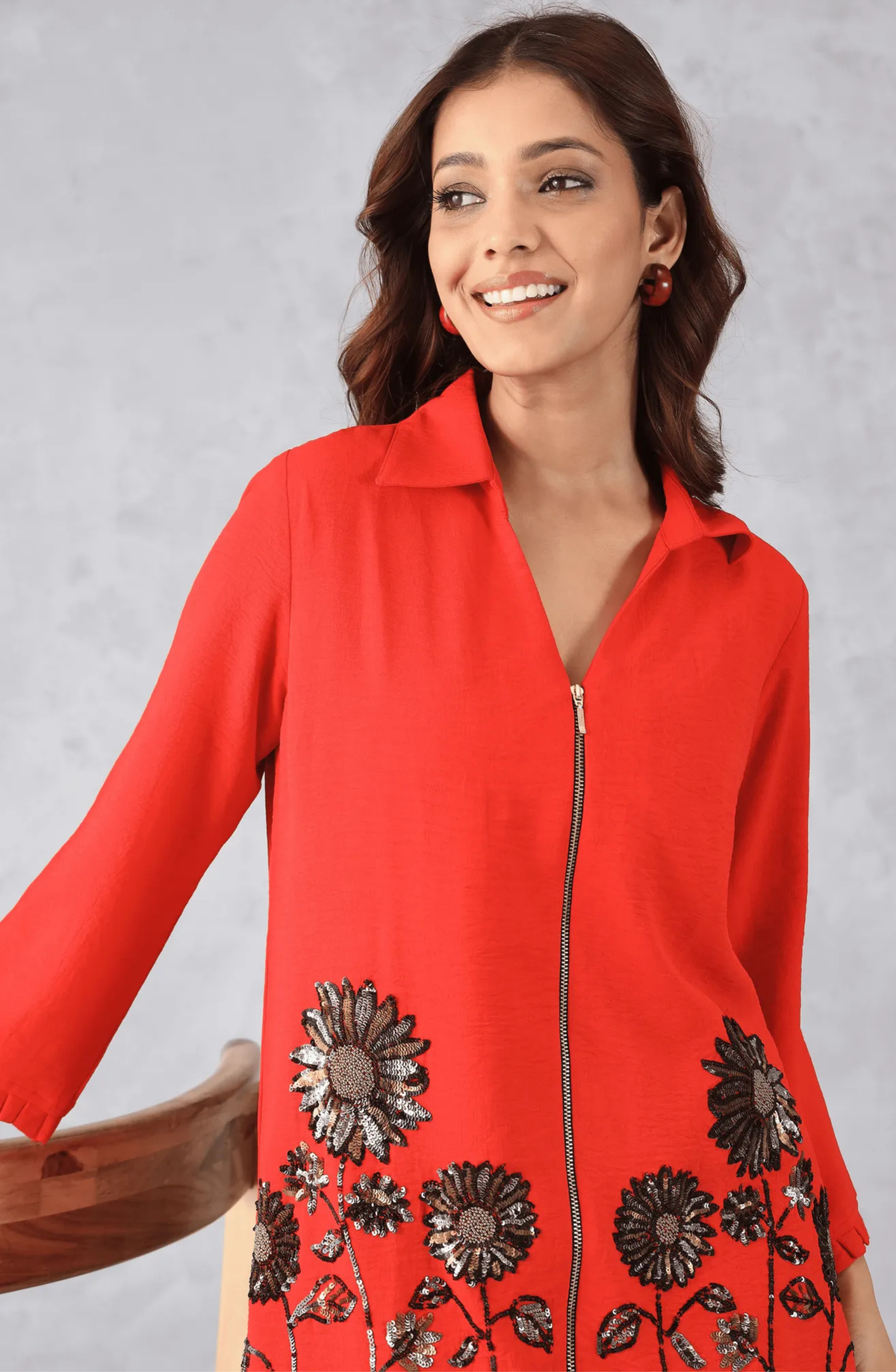 Red Embellished Zipper Top