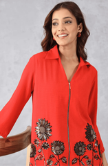 Red Embellished Zipper Top