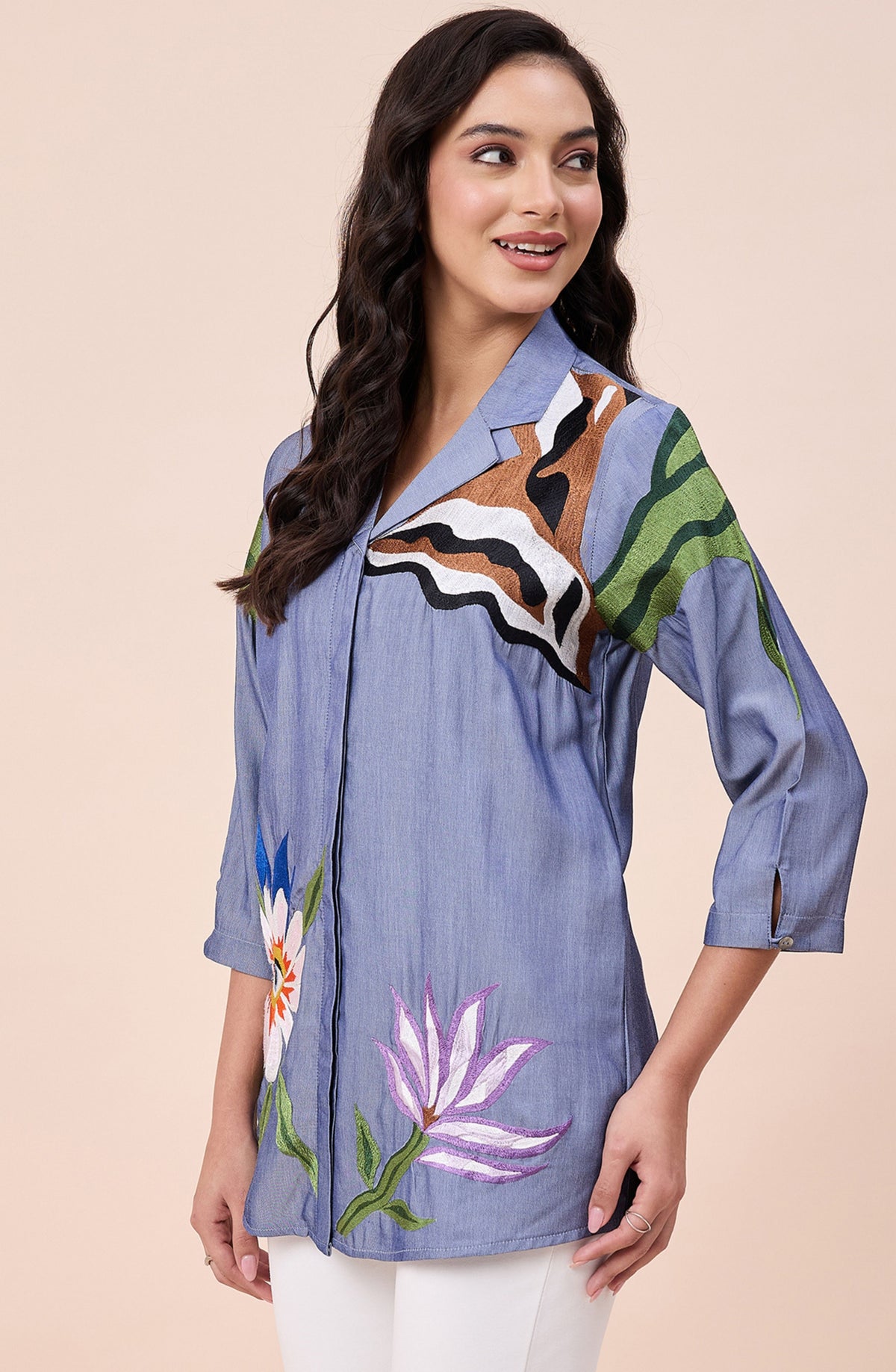 Cotton Denim Colourful Embroidered Shirt