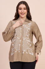 Beige Shirt with White Lattice Floral Embroidery