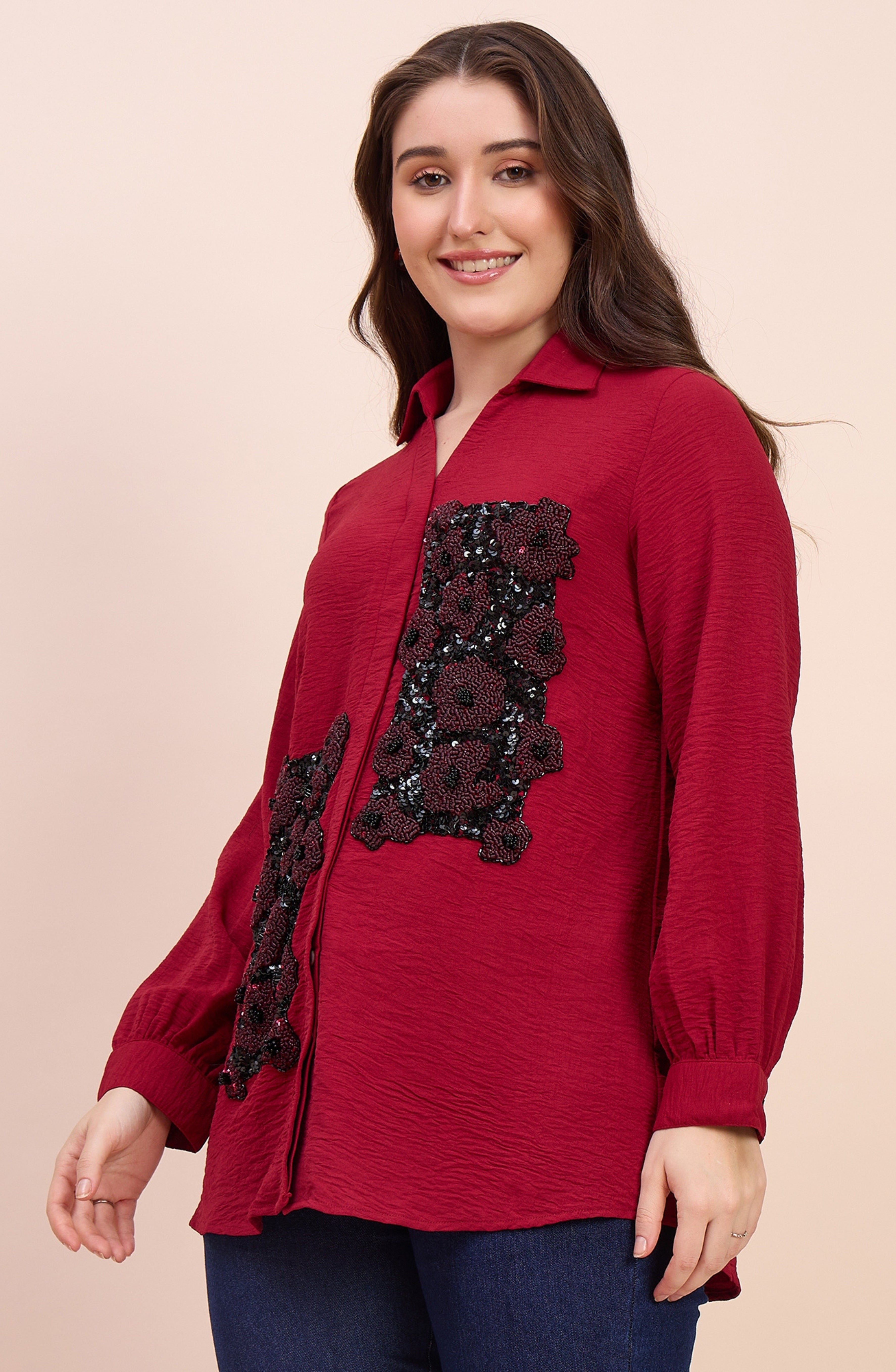 Red Shirt with Sequin Floral Patchwork