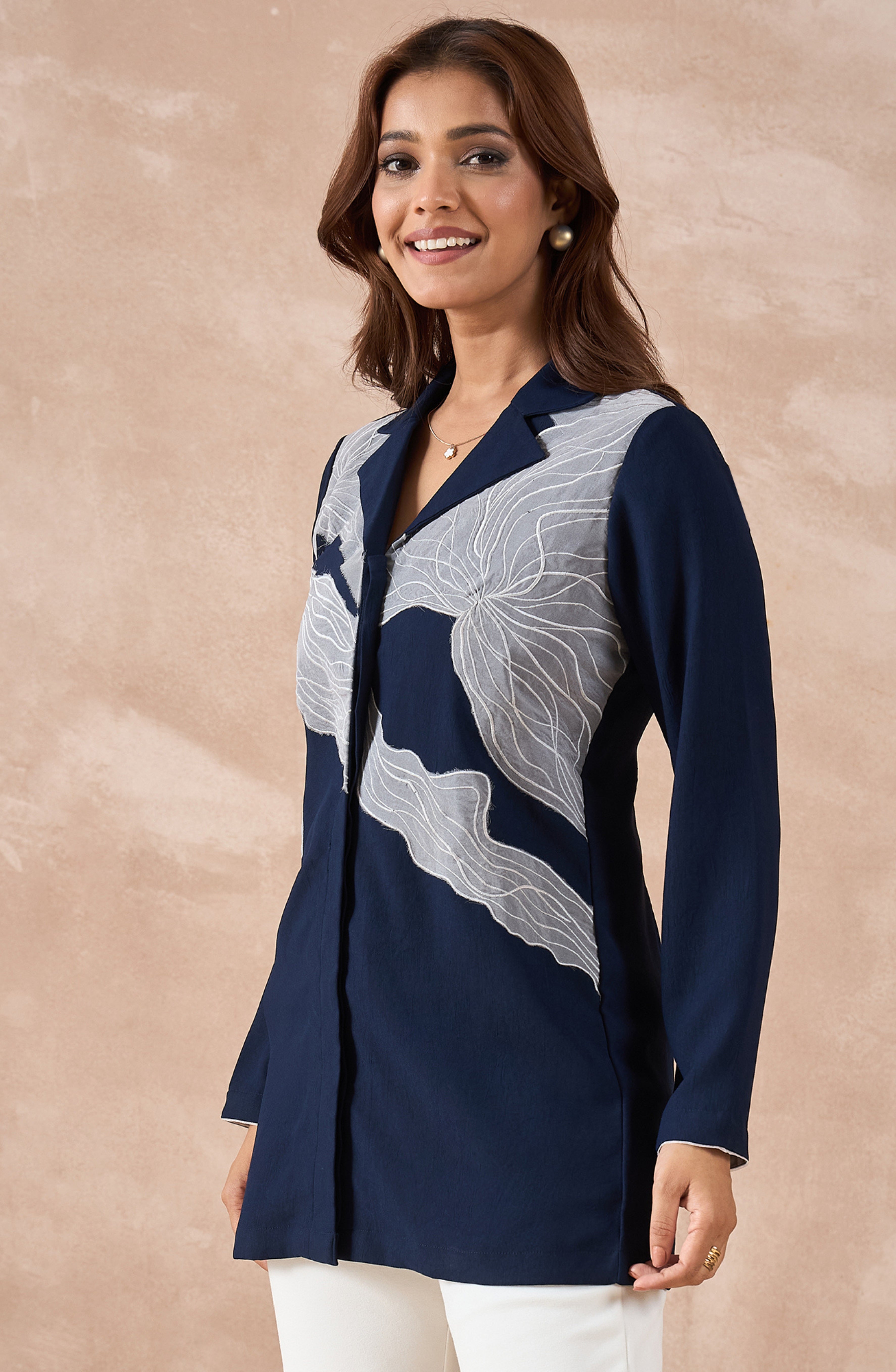 Navy Longline Shirt with Abstract Grey Applique