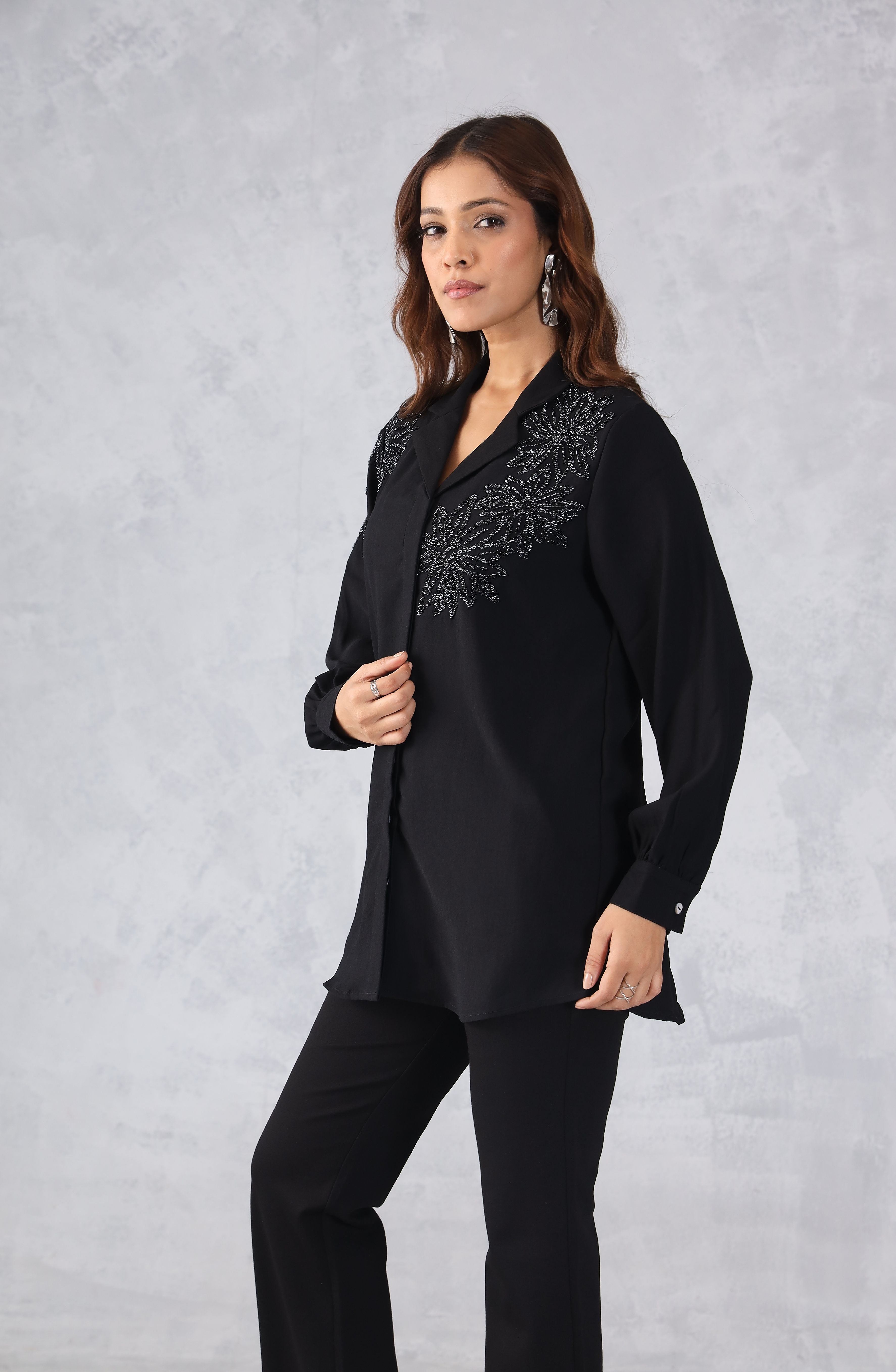 Midnight Bloom Black Floral Embellished Shirt