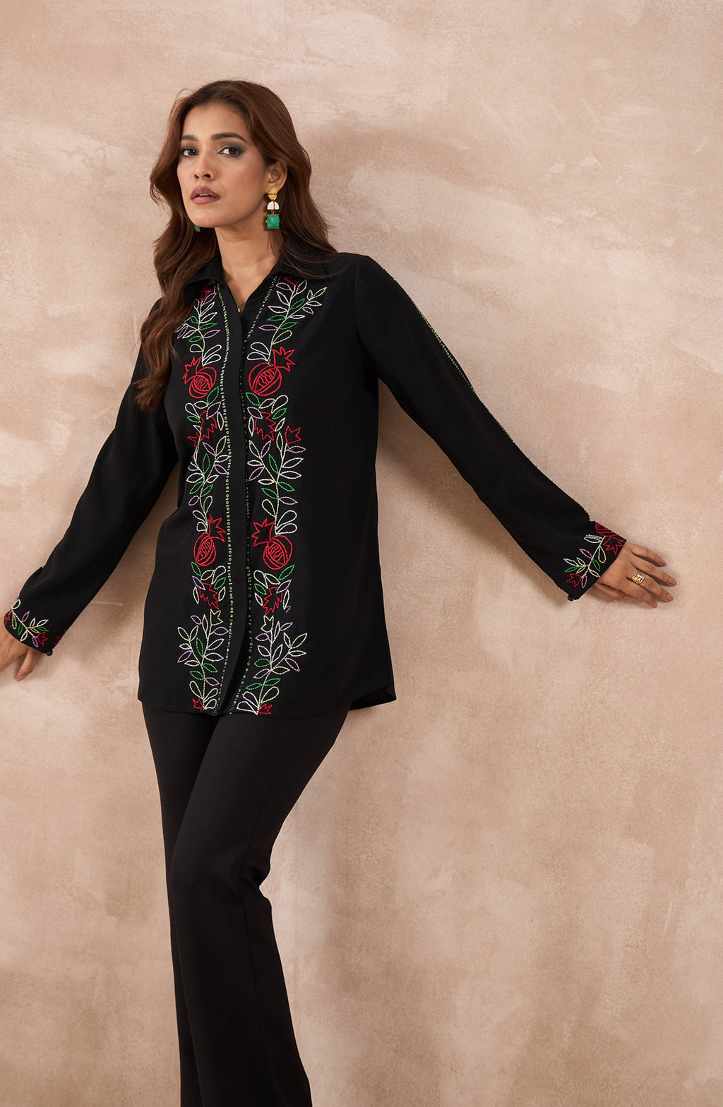 Black Multicolour Botanical Embroidered Shirt