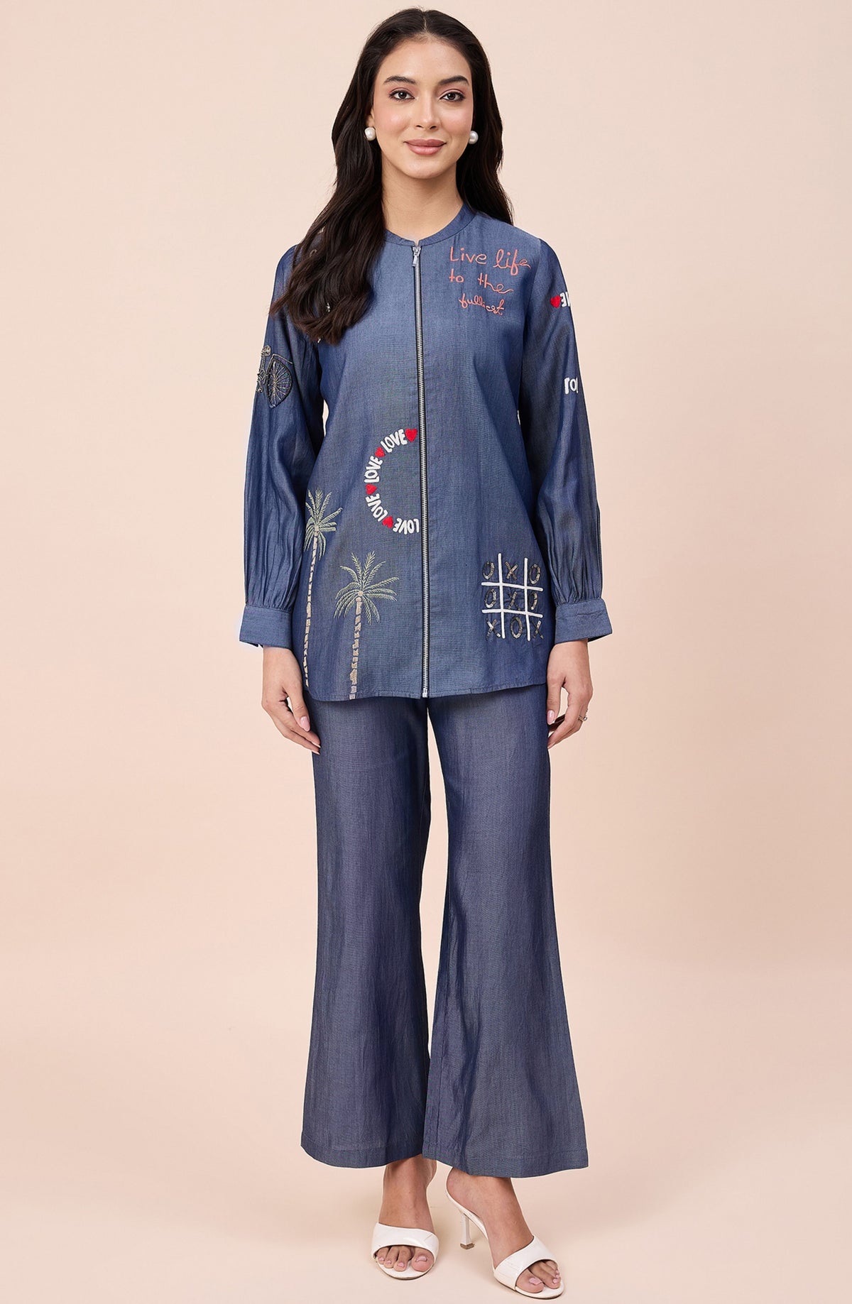 Cotton Denim Love Embellished Zipper Co-ord Set