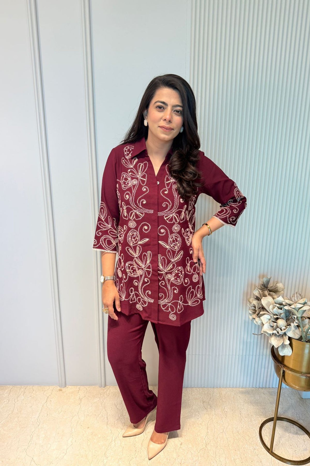Maroon Floral Embroidered Co-Ord