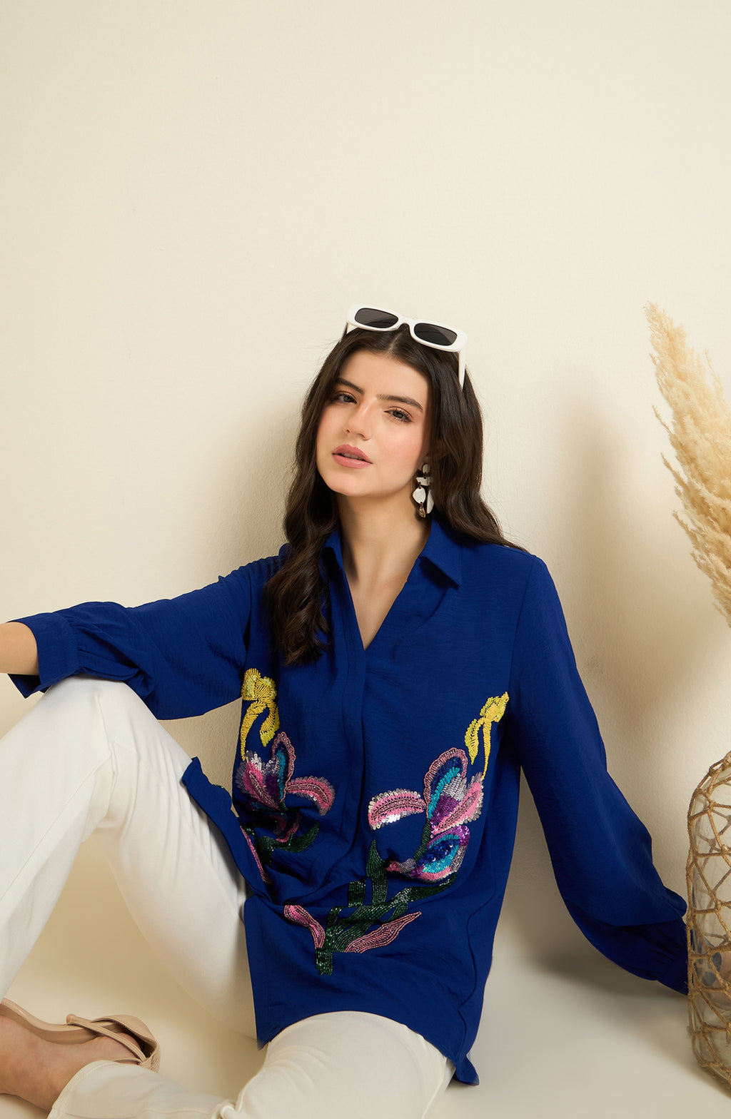 Royal Blue Shirt with Sequin Iris Embroidery
