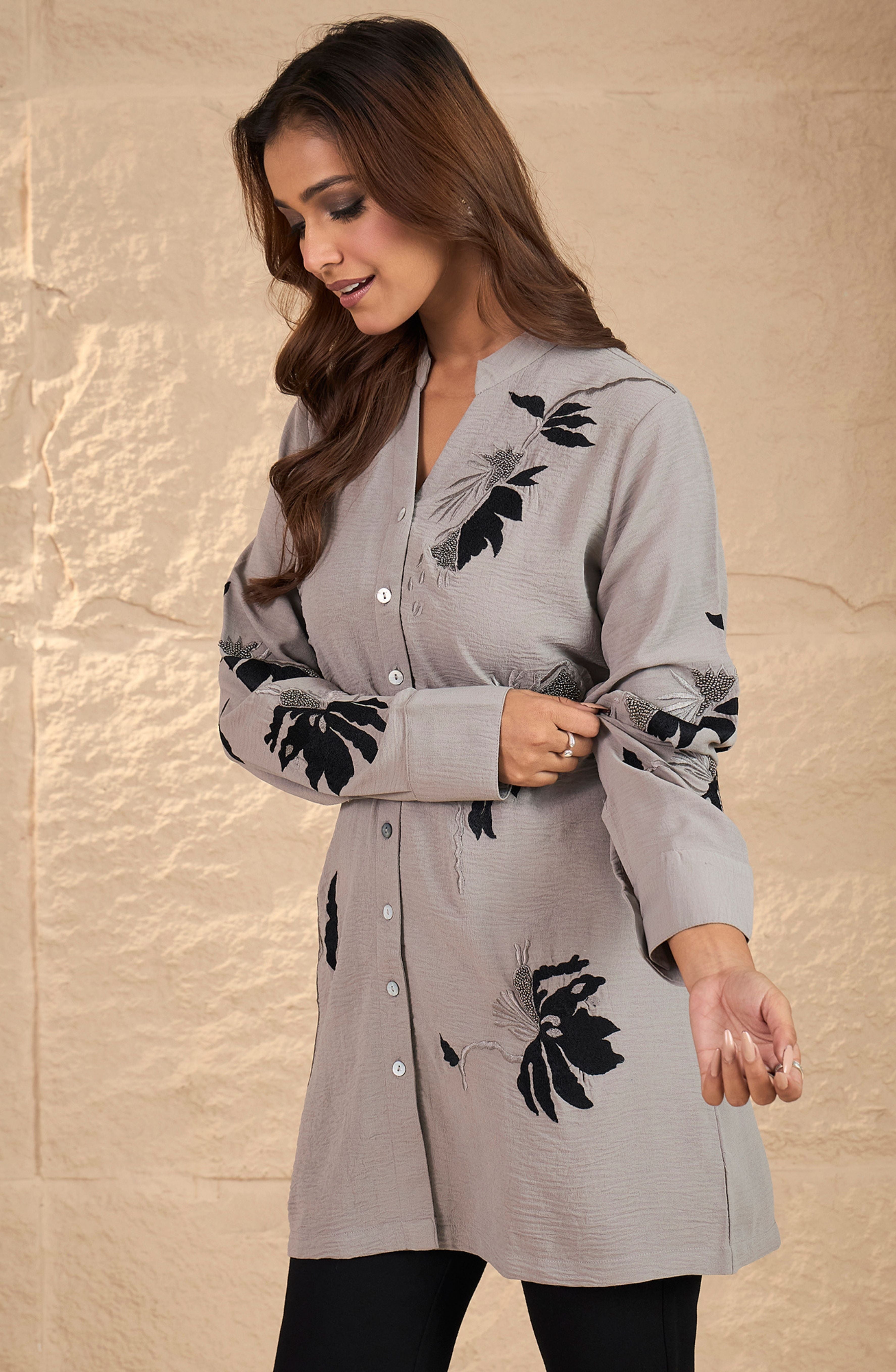 Dull Grey Black Embroidered Shirt