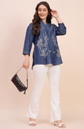 Denim Blue Shirt with Linear Floral Embroidery