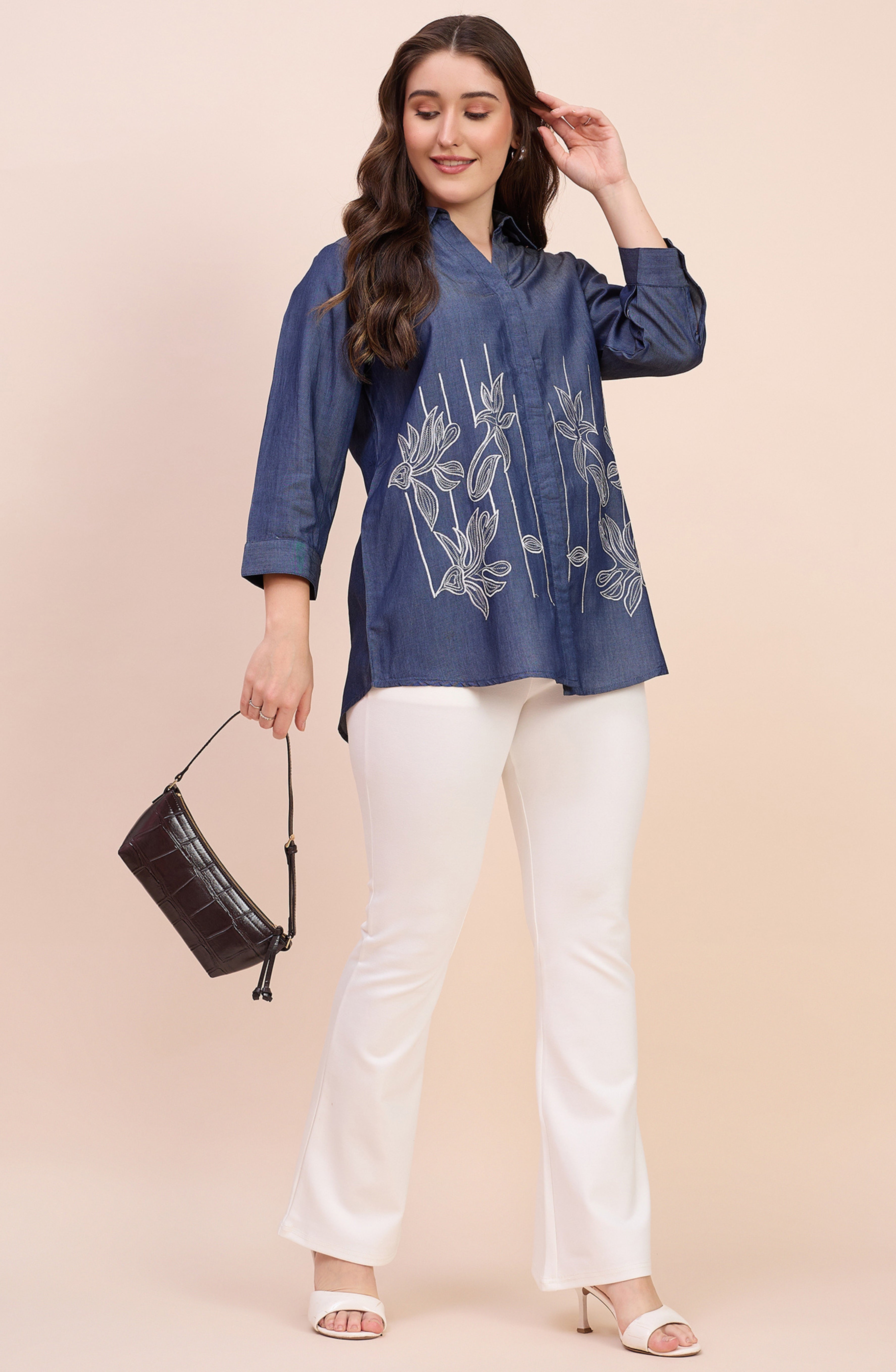 Denim Blue Shirt with Linear Floral Embroidery
