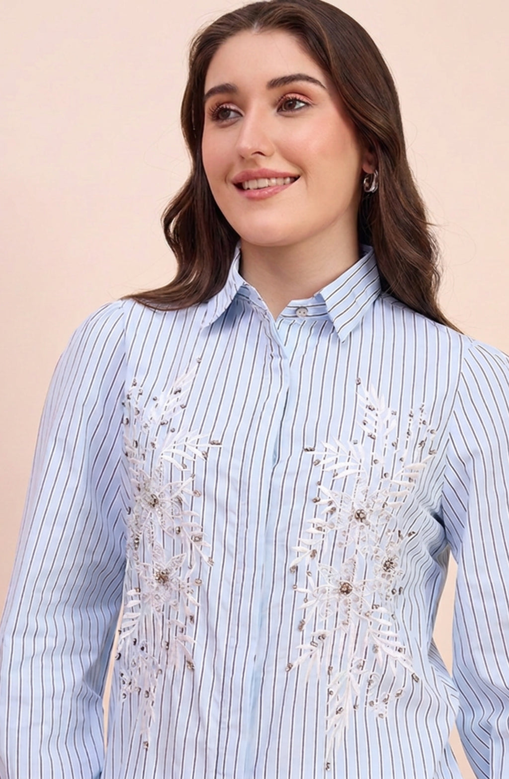 Sky Blue Striped Shirt with Beaded Floral Embroidery