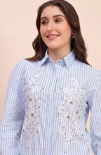 Sky Blue Striped Shirt with Beaded Floral Embroidery