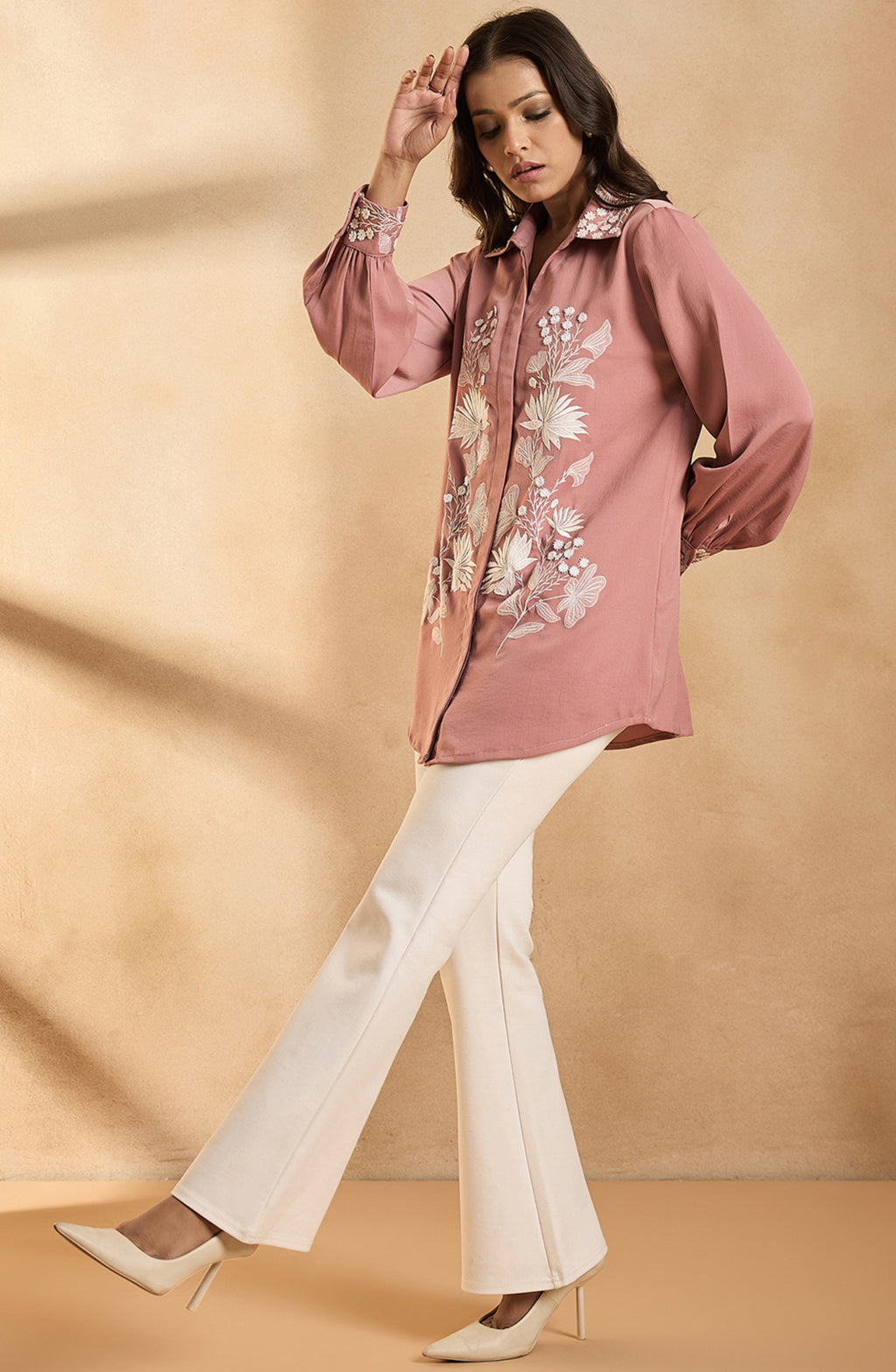Dusty Rose Shirt with Ivory Floral Embroidery