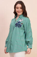 Sage Green Striped Shirt with Sequin Floral Embroidery
