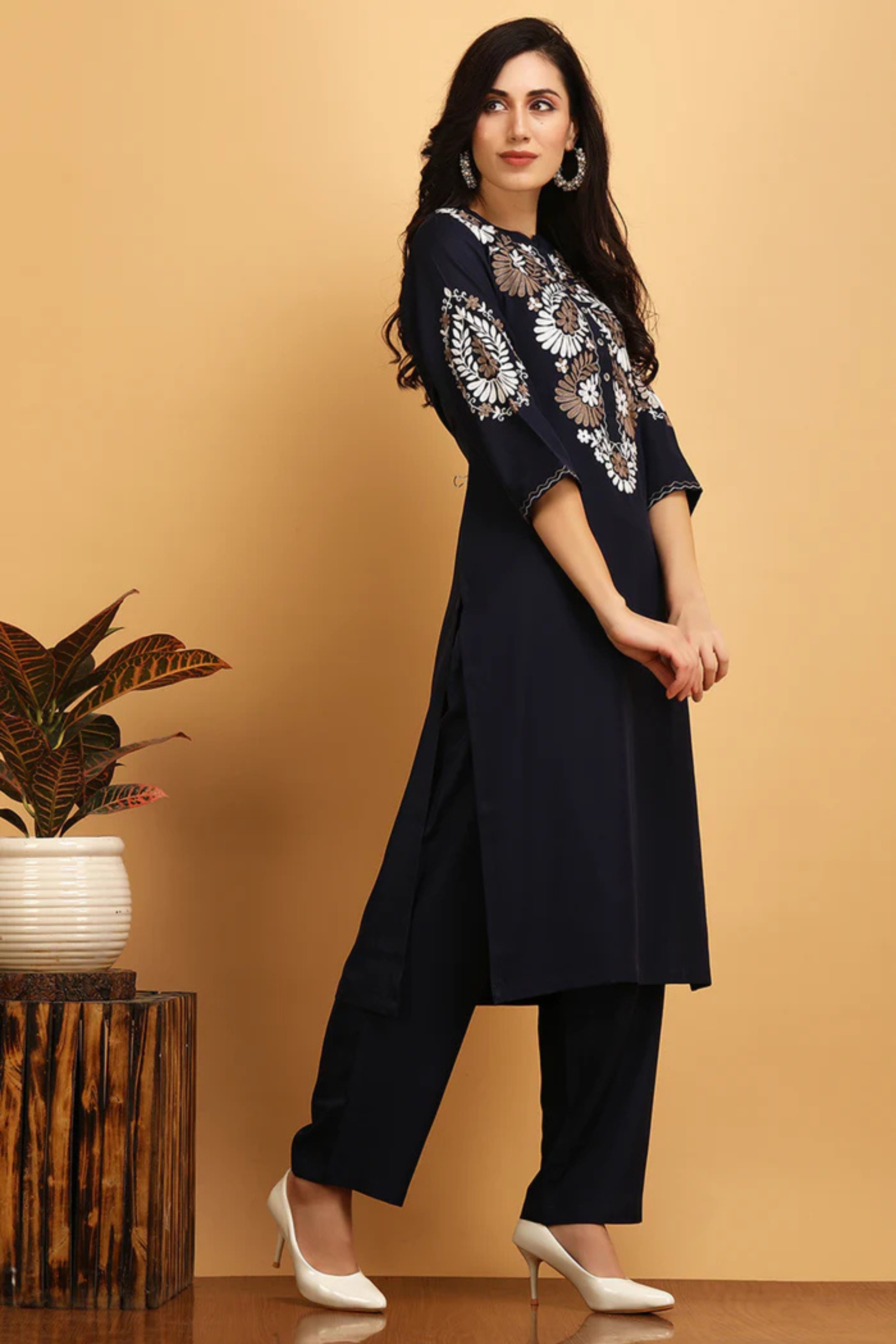 Navy Blue Embroidered Kurta Set