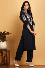 Navy Blue Embroidered Kurta Set