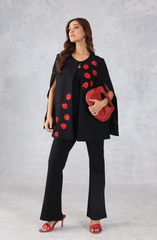 Black Formal Cape with Red Contrast Embroidery
