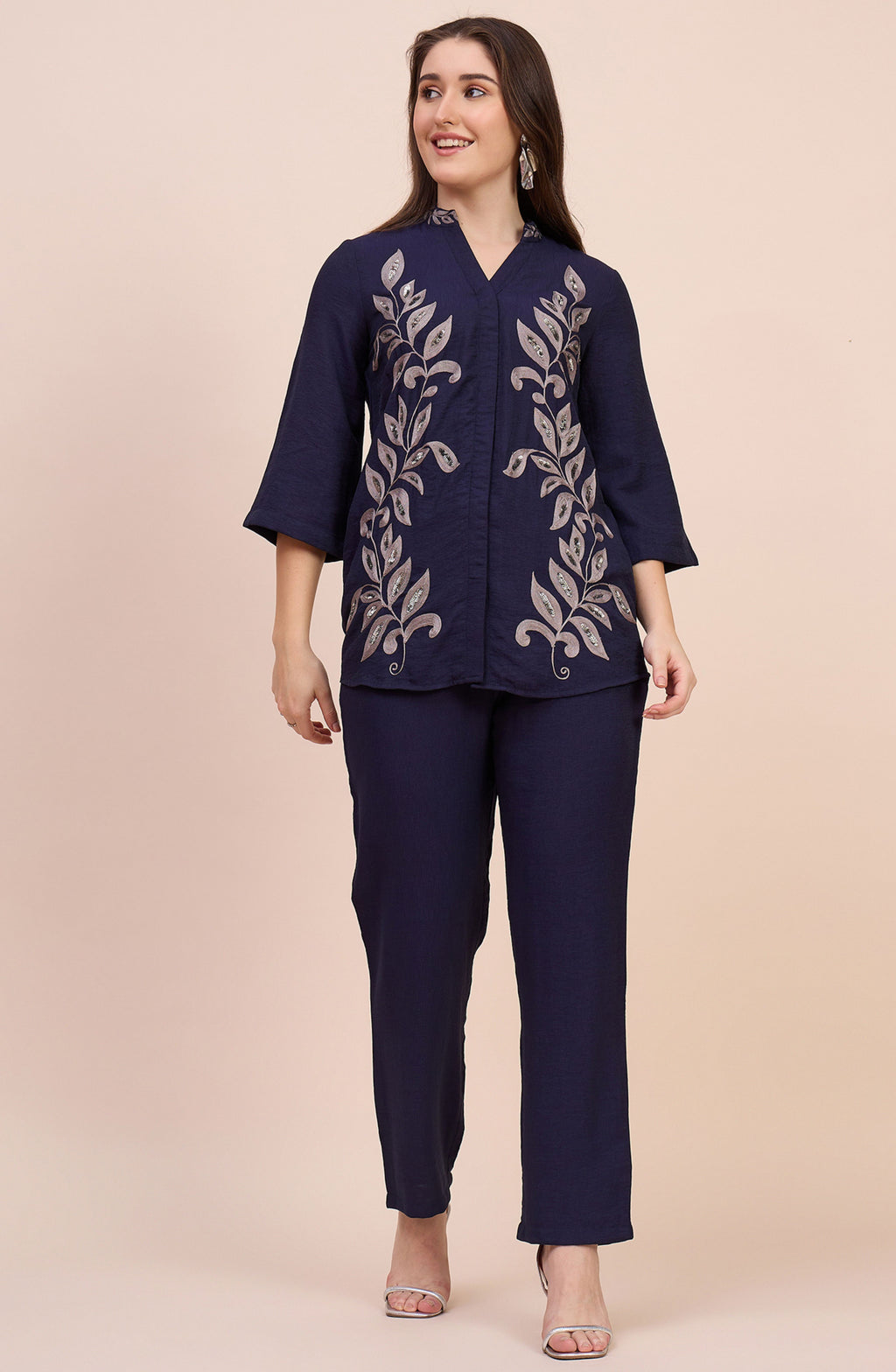 Navy Blue Co-ord Set with Beaded Leaf Embroidery