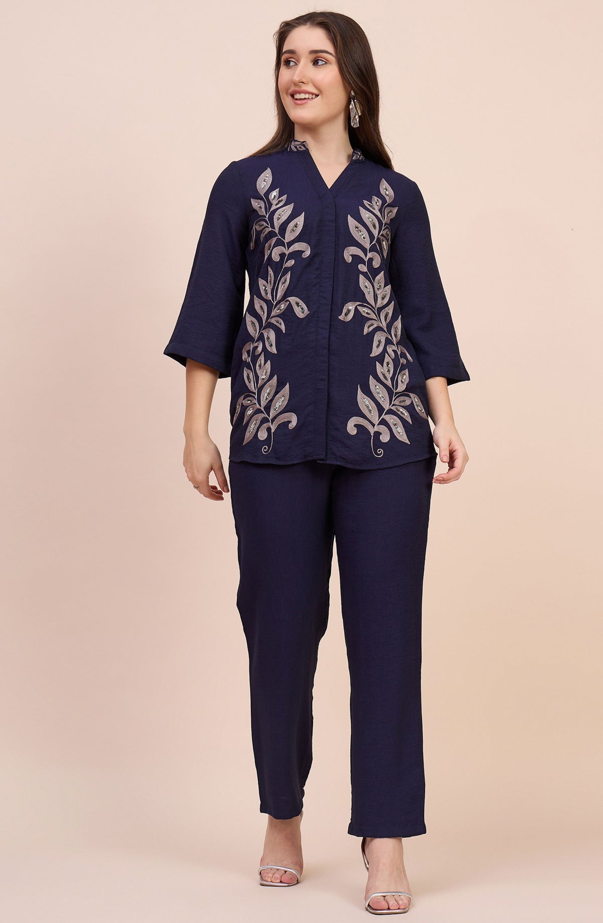 Navy Blue Co-ord Set with Beaded Leaf Embroidery