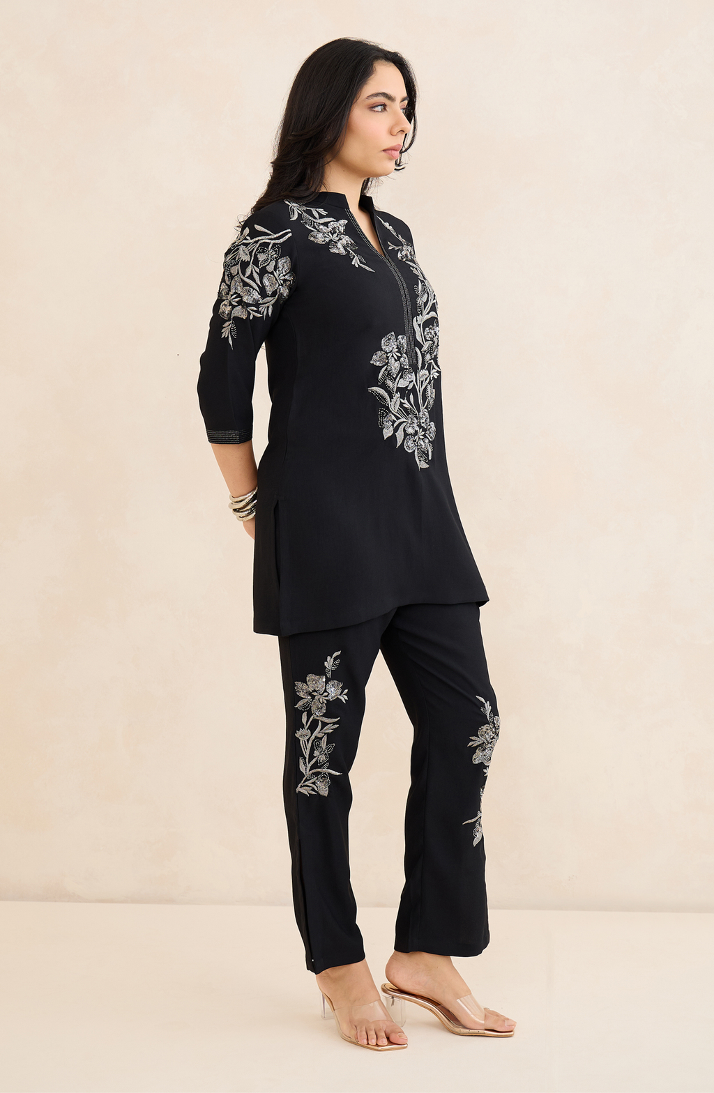 Black and Silver Floral Embellished Co-Ord Set