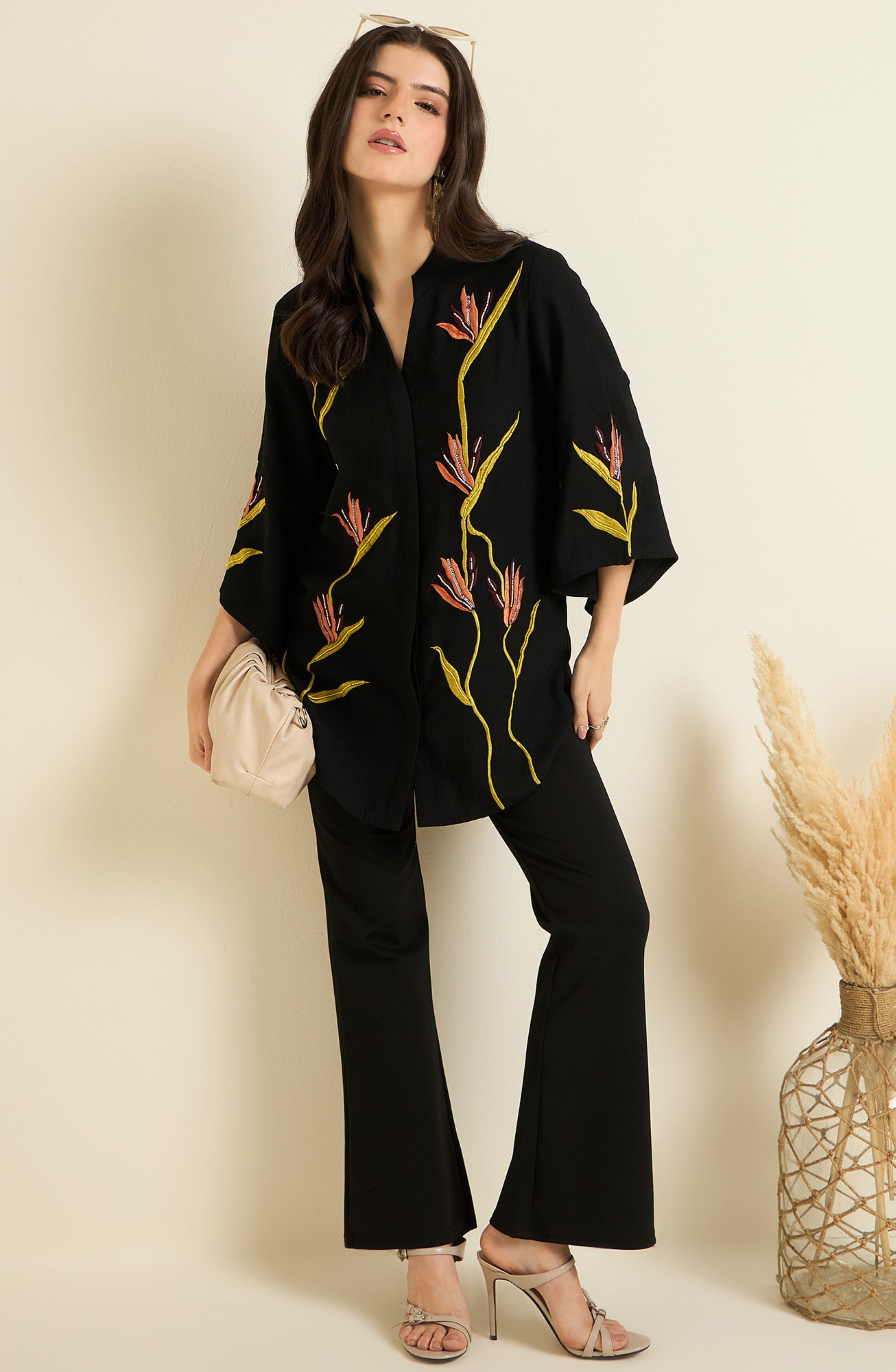 Black Shirt with Bird of Paradise Embroidery