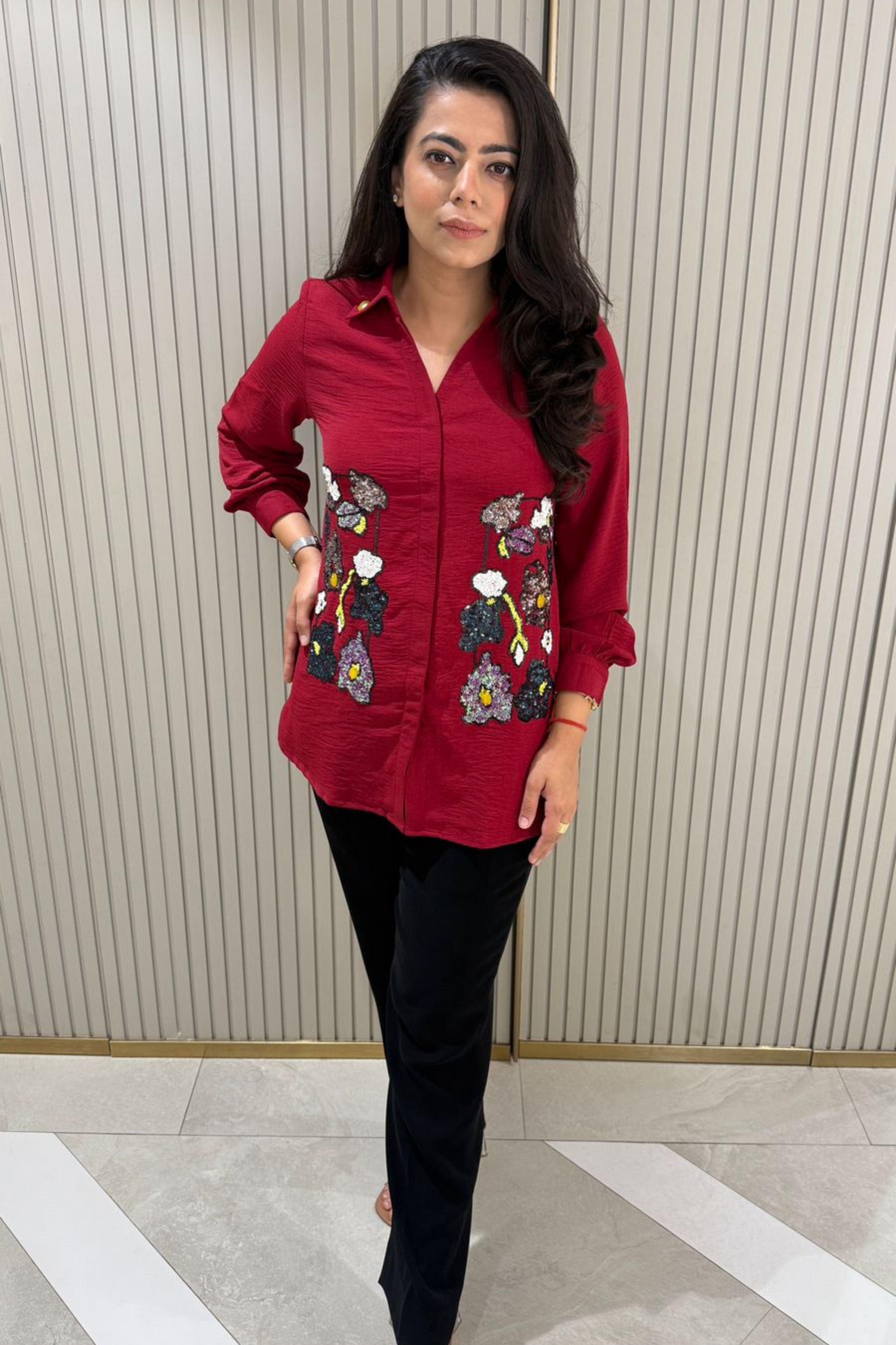 Wine Red Embellished Shirt