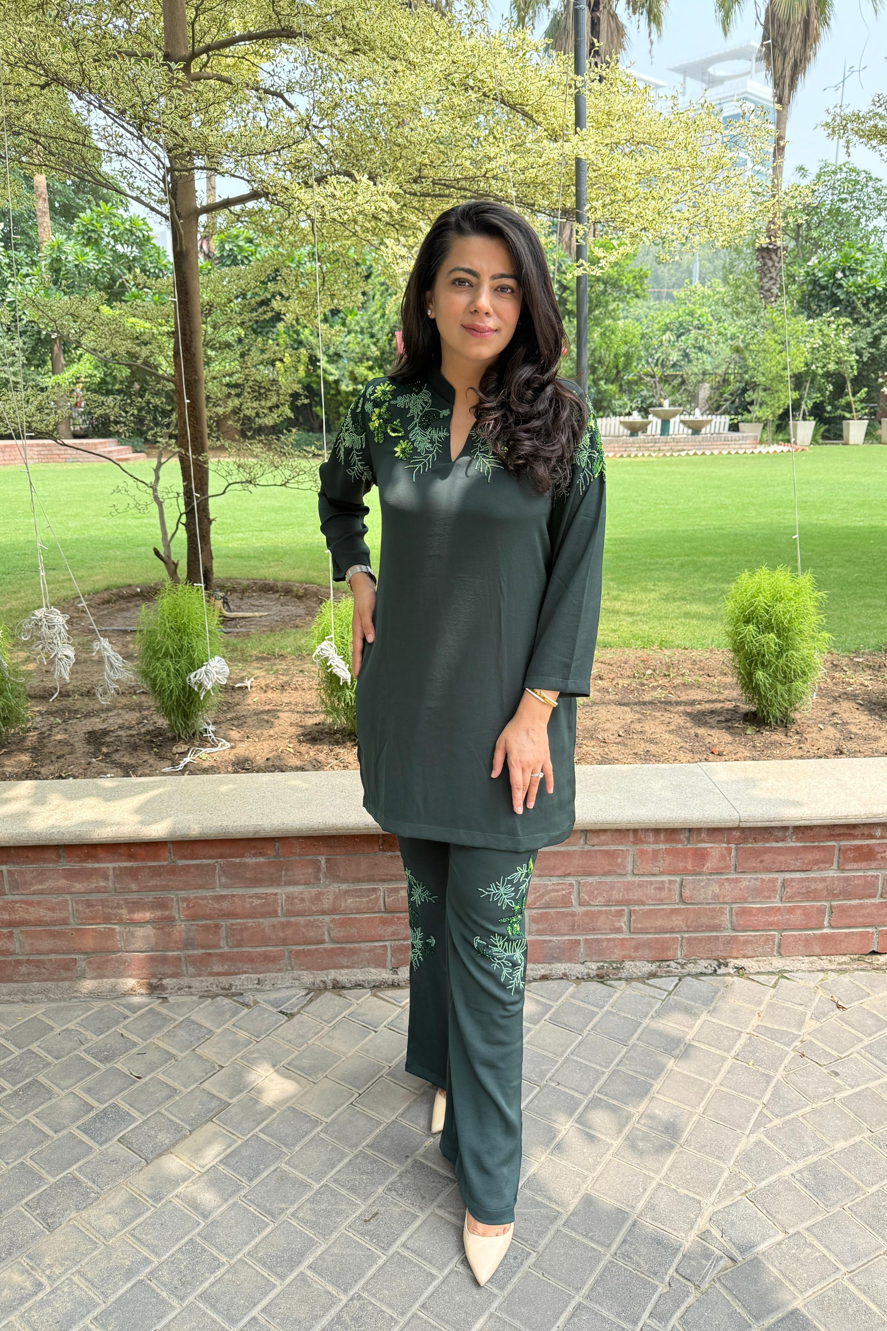 Dark Green Floral Embellished Co-Ord Set
