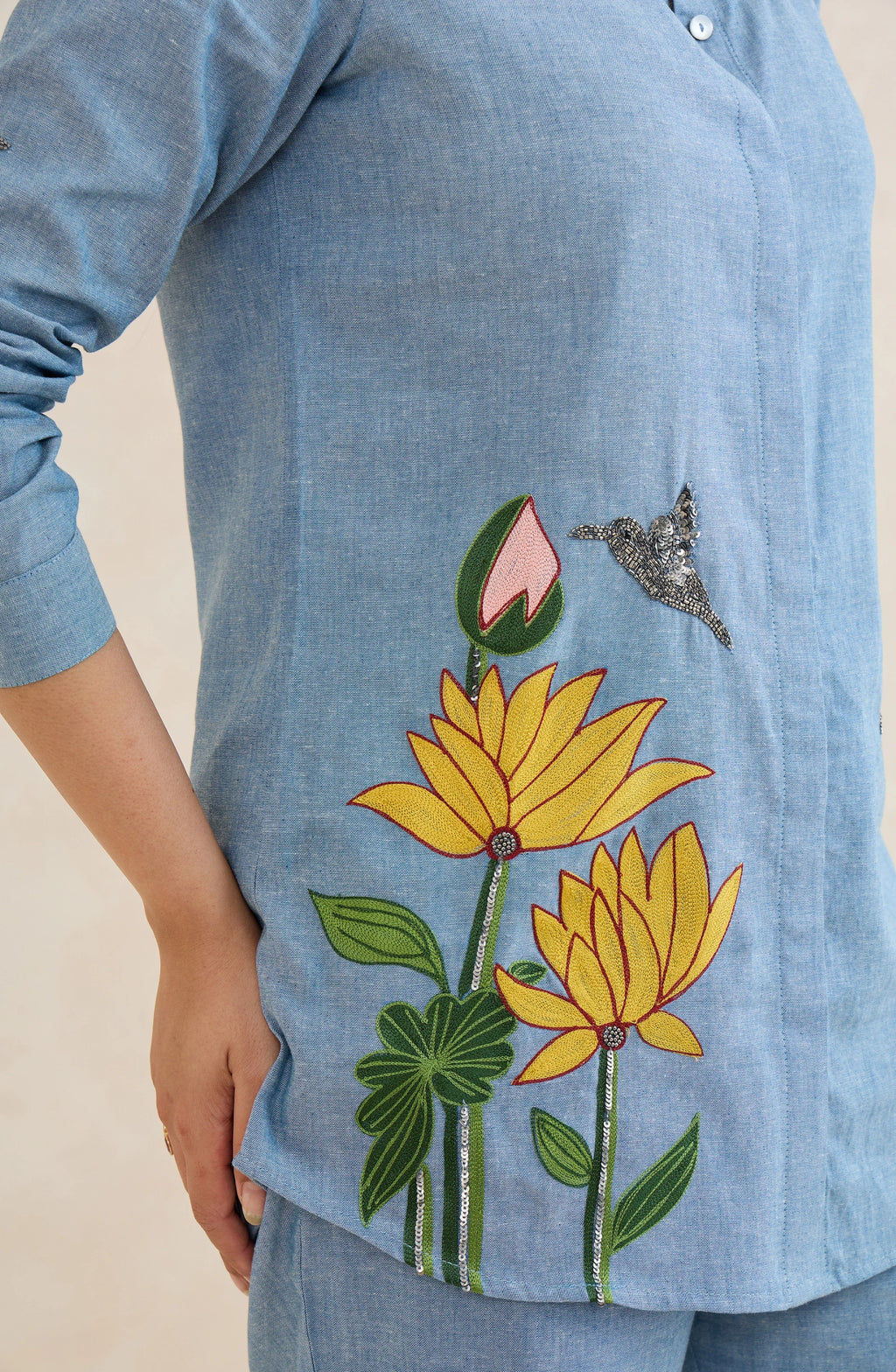 Sky Blue Floral Bird Embellished Co-Ord Set