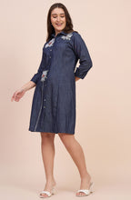 Denim Shirt Dress with Floral Beaded Embroidery
