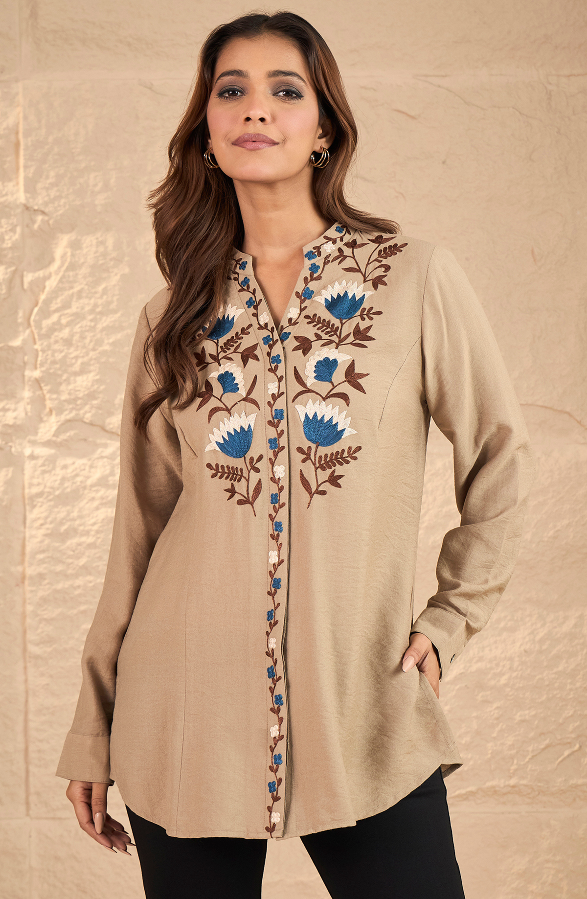 Beige Floral Embroidered Shirt