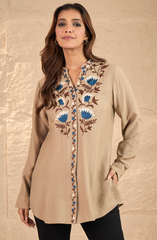 Beige Floral Embroidered Shirt