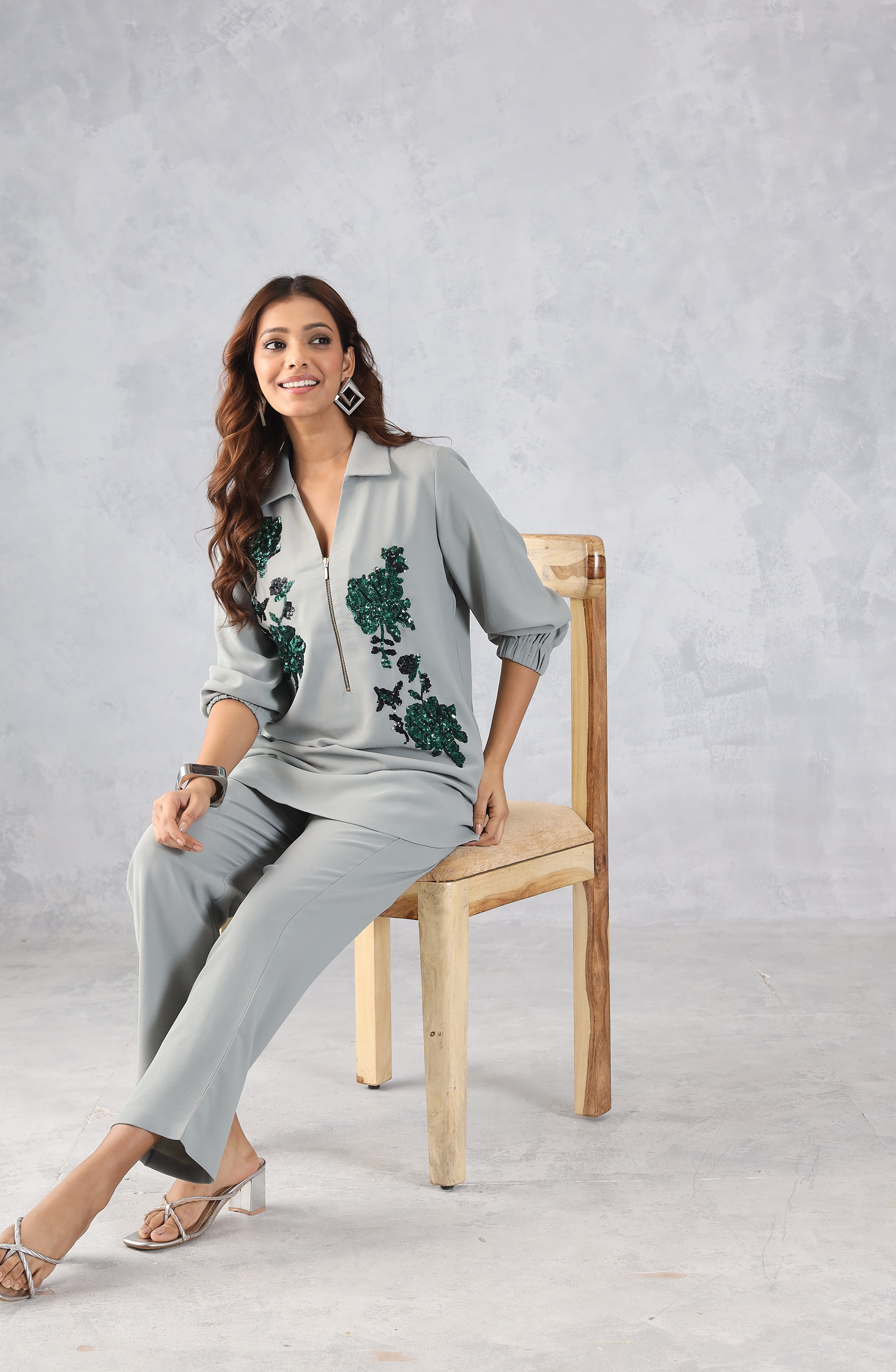Elegant Sage Grey Embellished Co-Ord Set for Women
